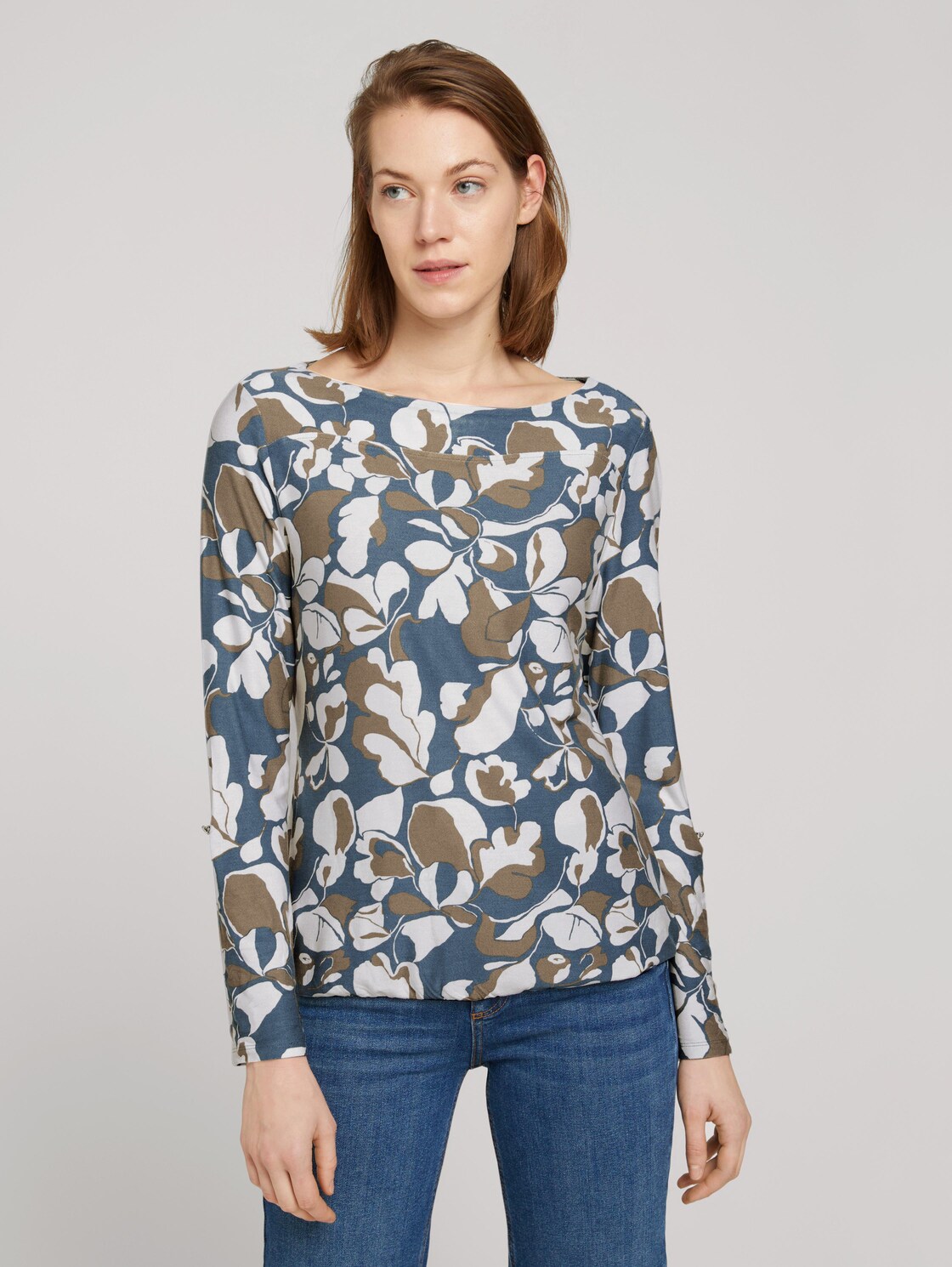 TOM TAILOR Shirt met lange mouwen met patroon, blue sepia floral design, M