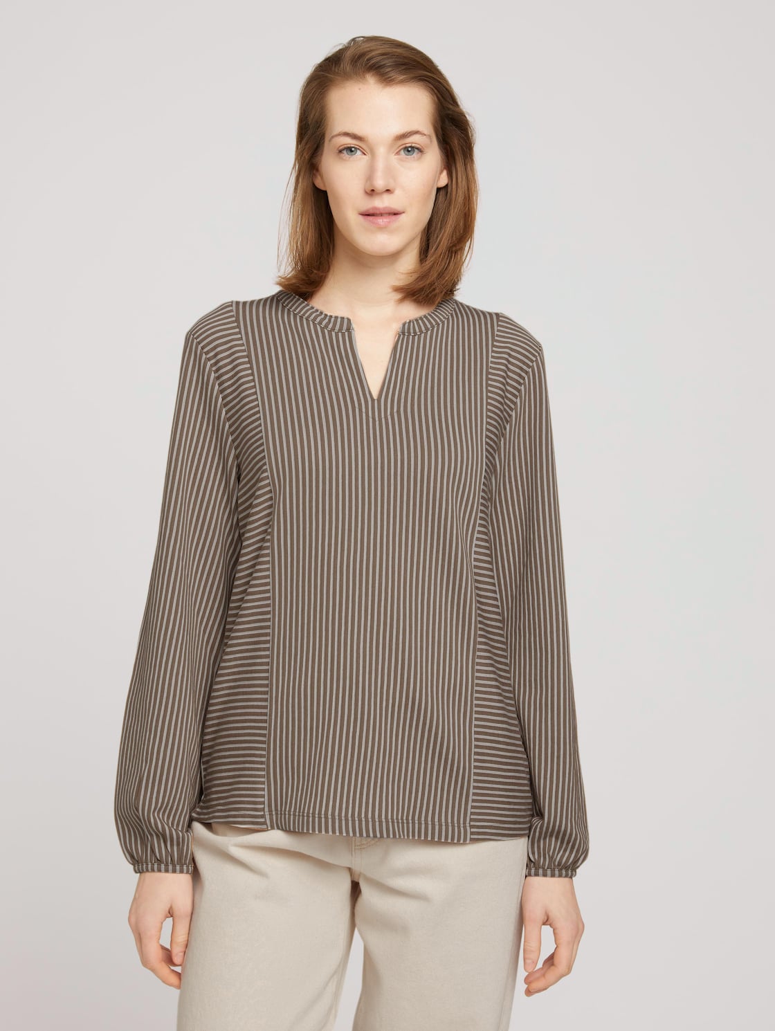 TOM TAILOR Gestreepte blouse met deelnaden, sepia white thin stripe, XXL