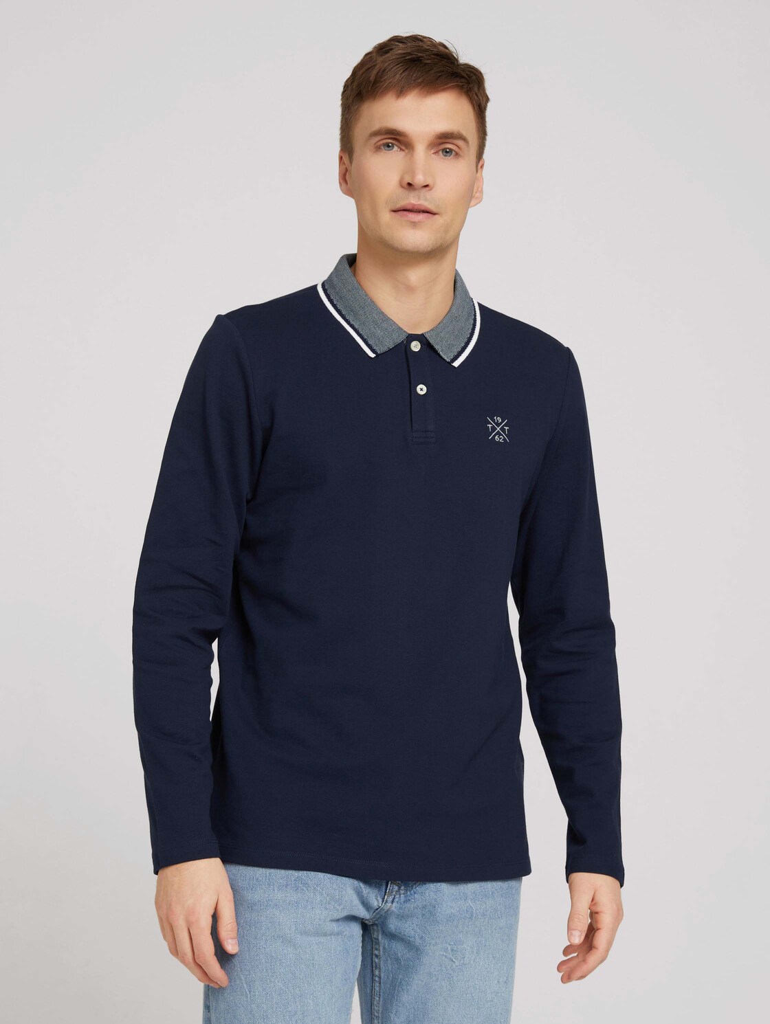 TOM TAILOR Herren Langarm Polo-Shirt, blau, Logo Print, Gr. S,