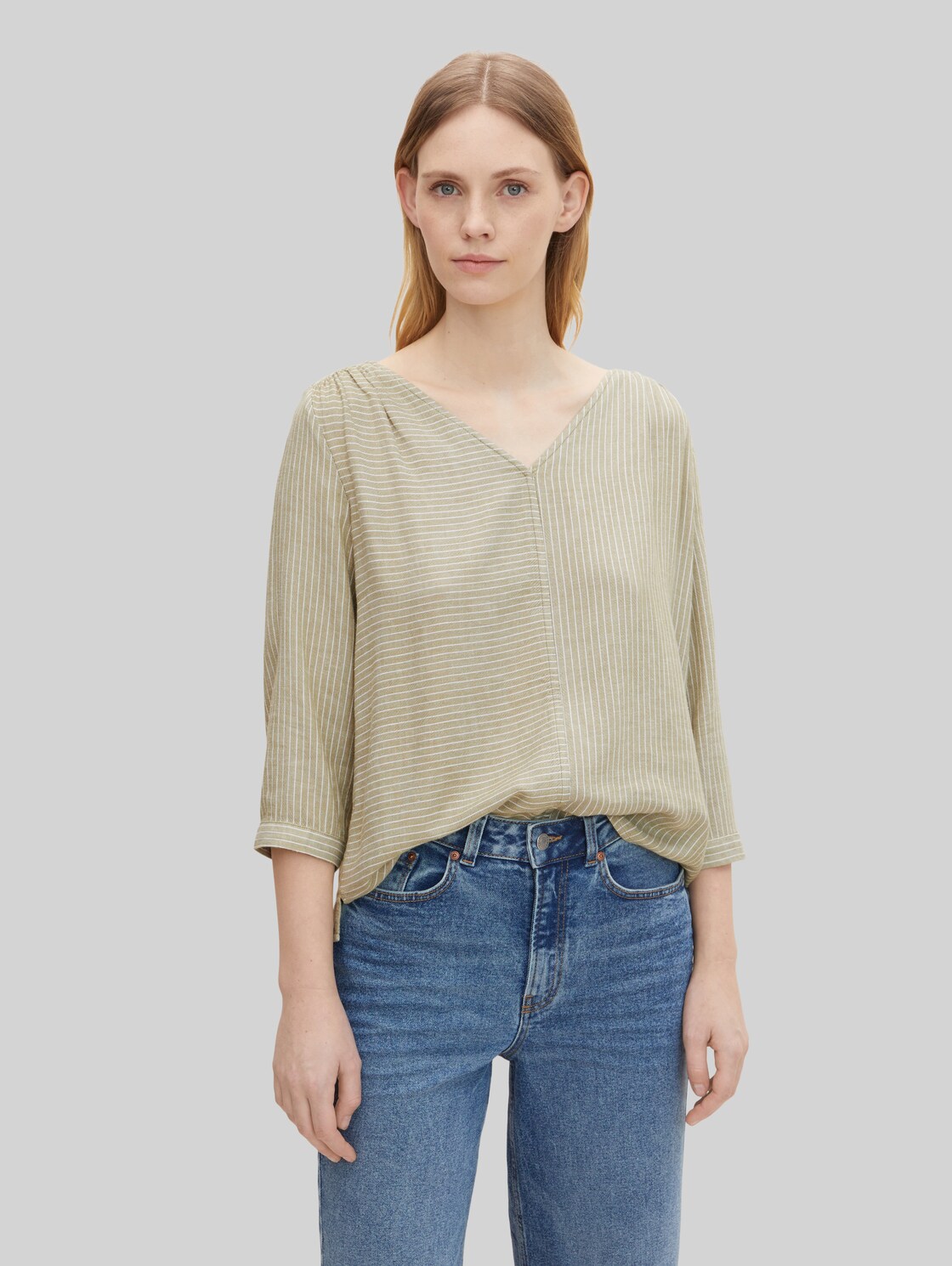 TOM TAILOR Damen Gestreifte Bluse mit feiner Raffung, grün, Streifenmuster, Gr. 38, viskose