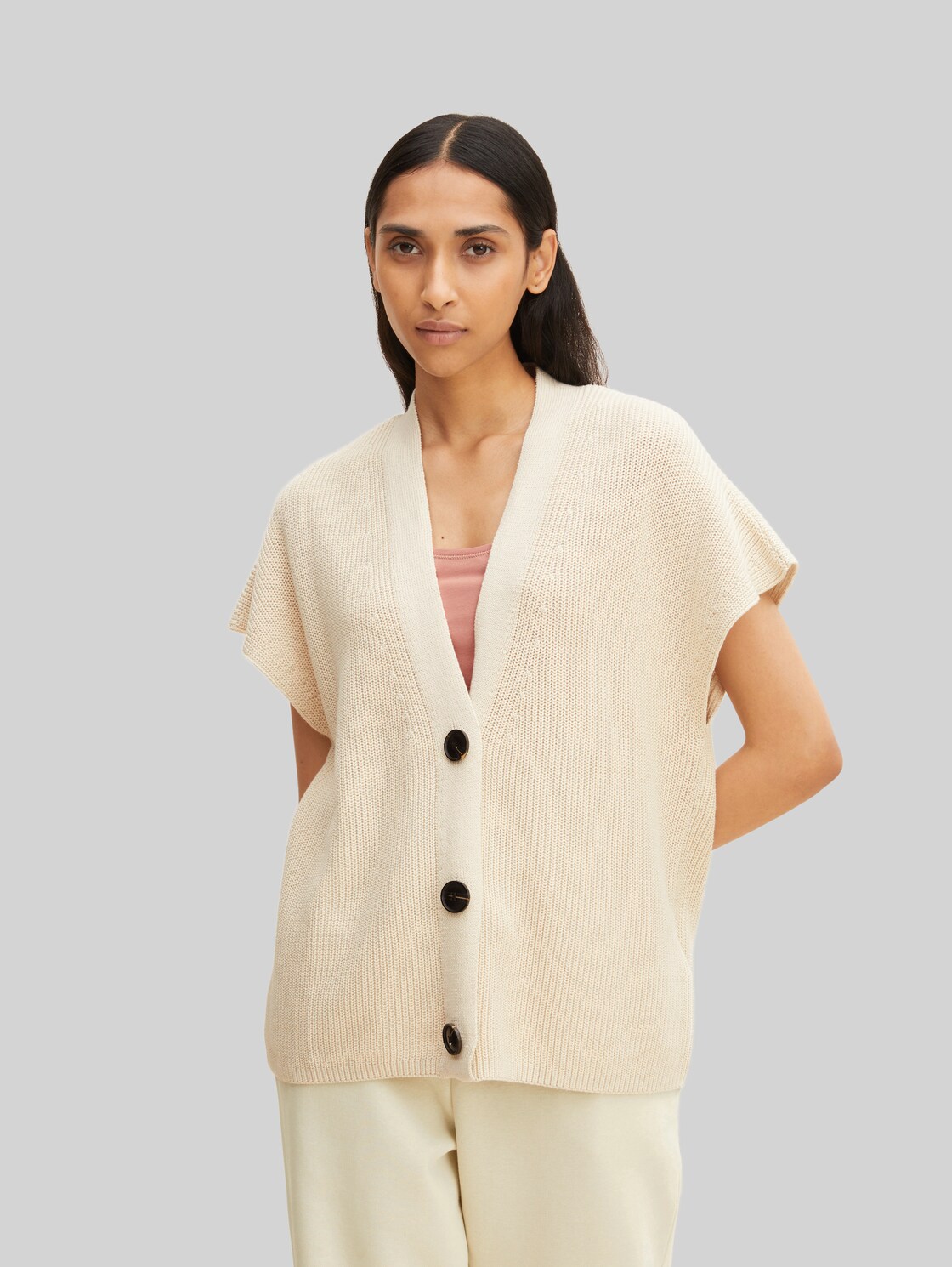 TOM TAILOR Damen Cardigan aus feinem Ripp, beige, Gr. XL,