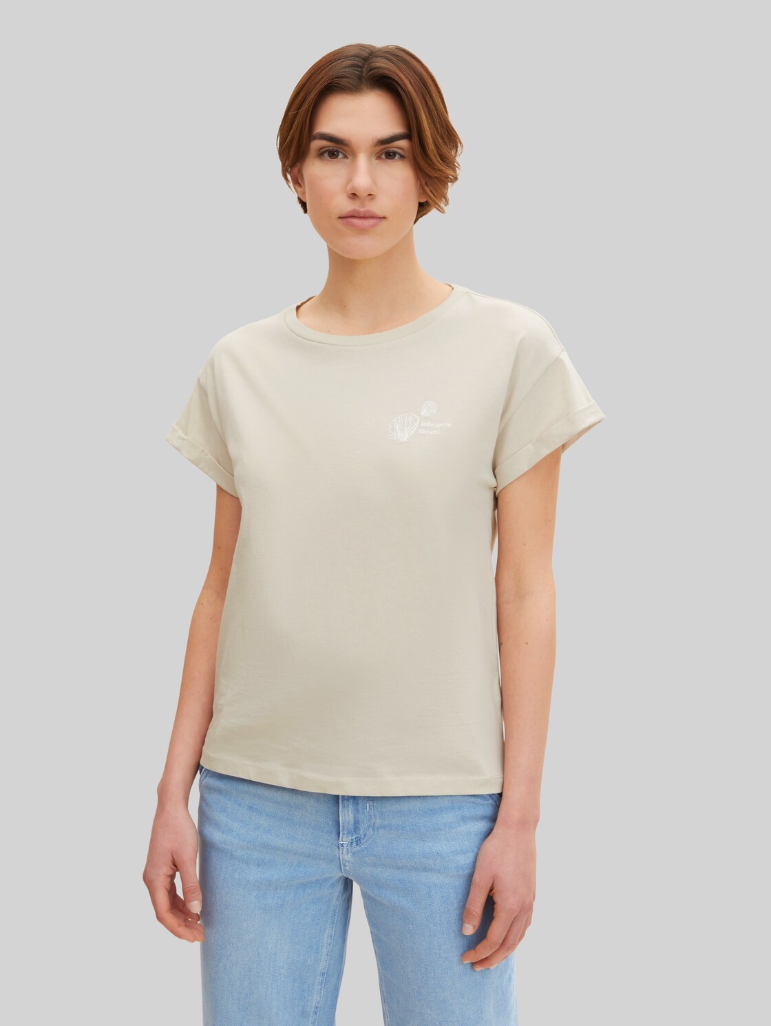 TOM TAILOR Damen T-Shirt mit Rundhalsausschnitt und geripptem Kragen, beige, Gr. XS,