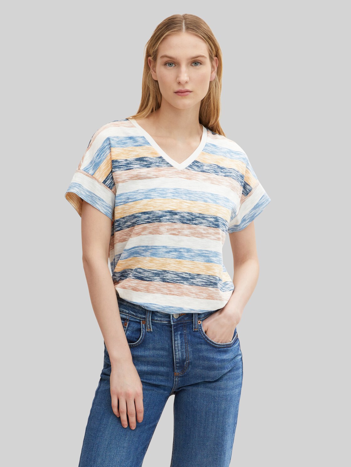 TOM TAILOR Damen Gemustertes T-Shirt, blau, Gr. XXXL,