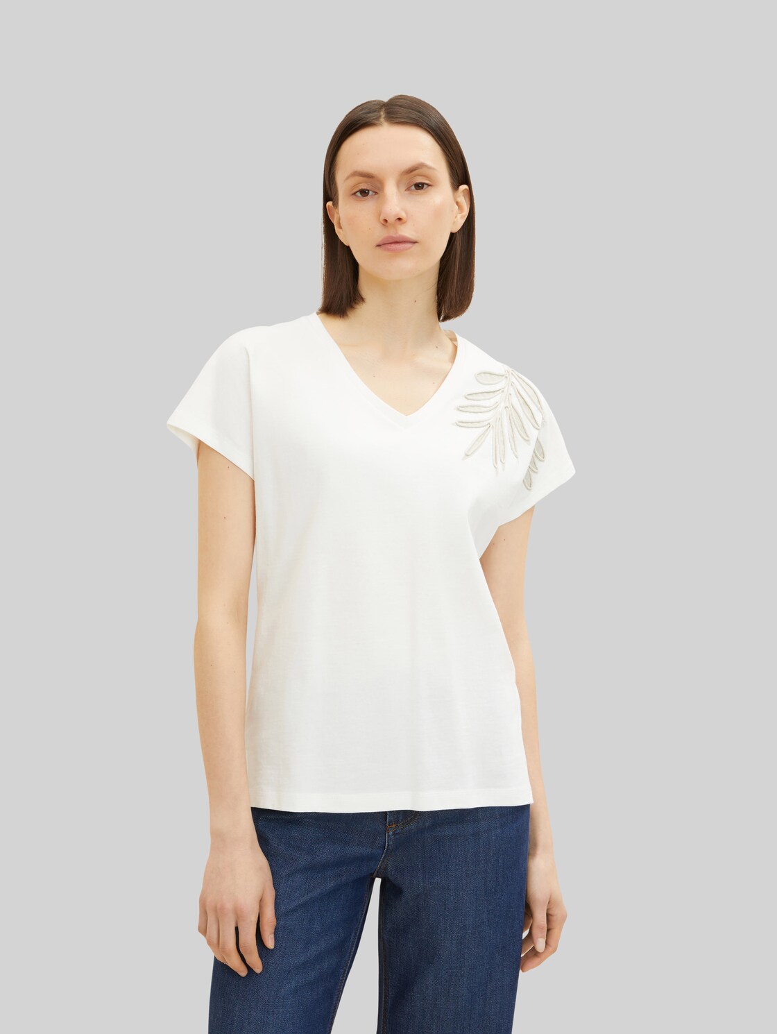 TOM TAILOR Damen T-Shirt mit Stickereien, weiß, Gr. XXL,