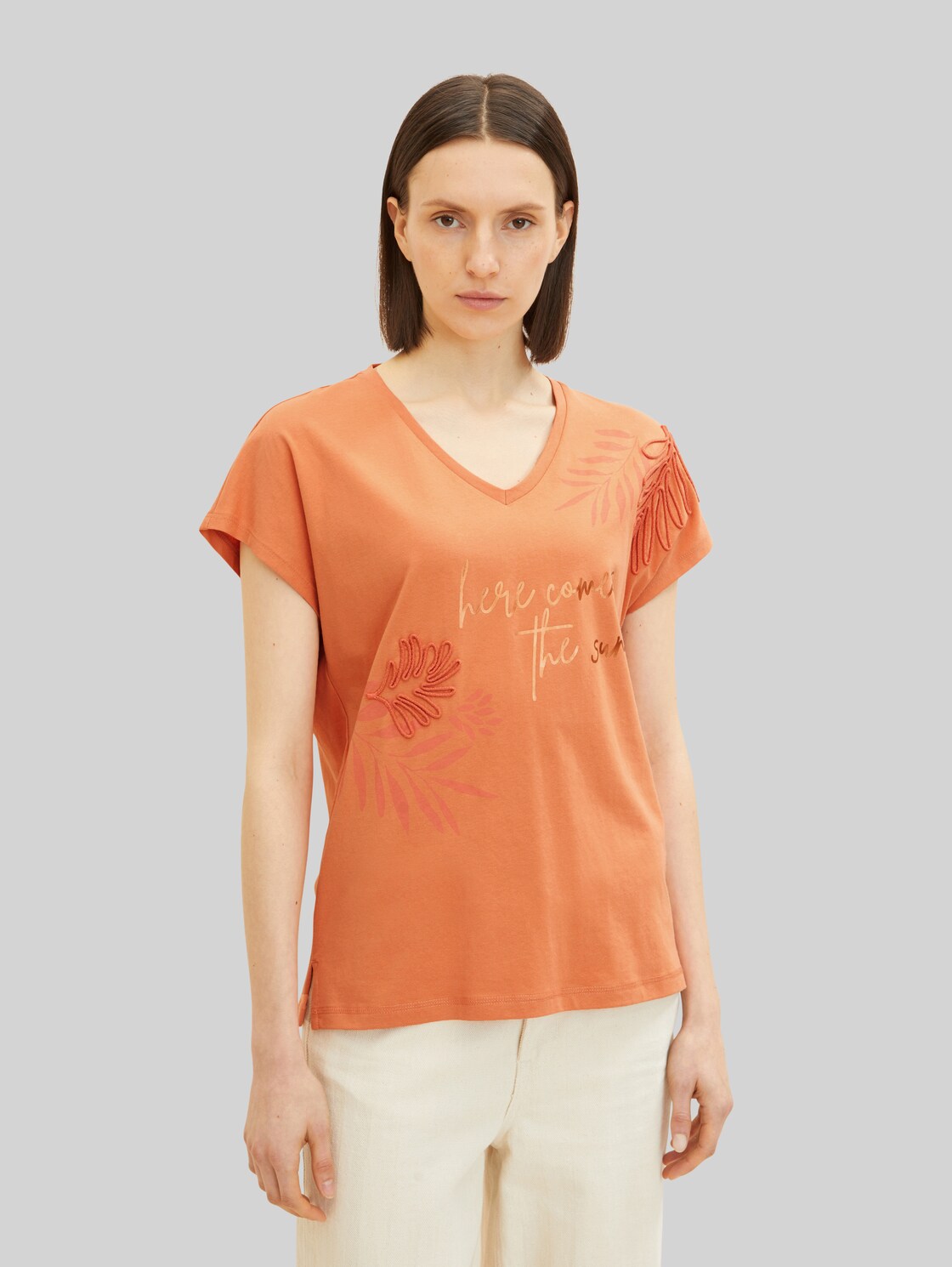 TOM TAILOR Damen T-Shirt mit Stickereien, orange, Gr. XXL,