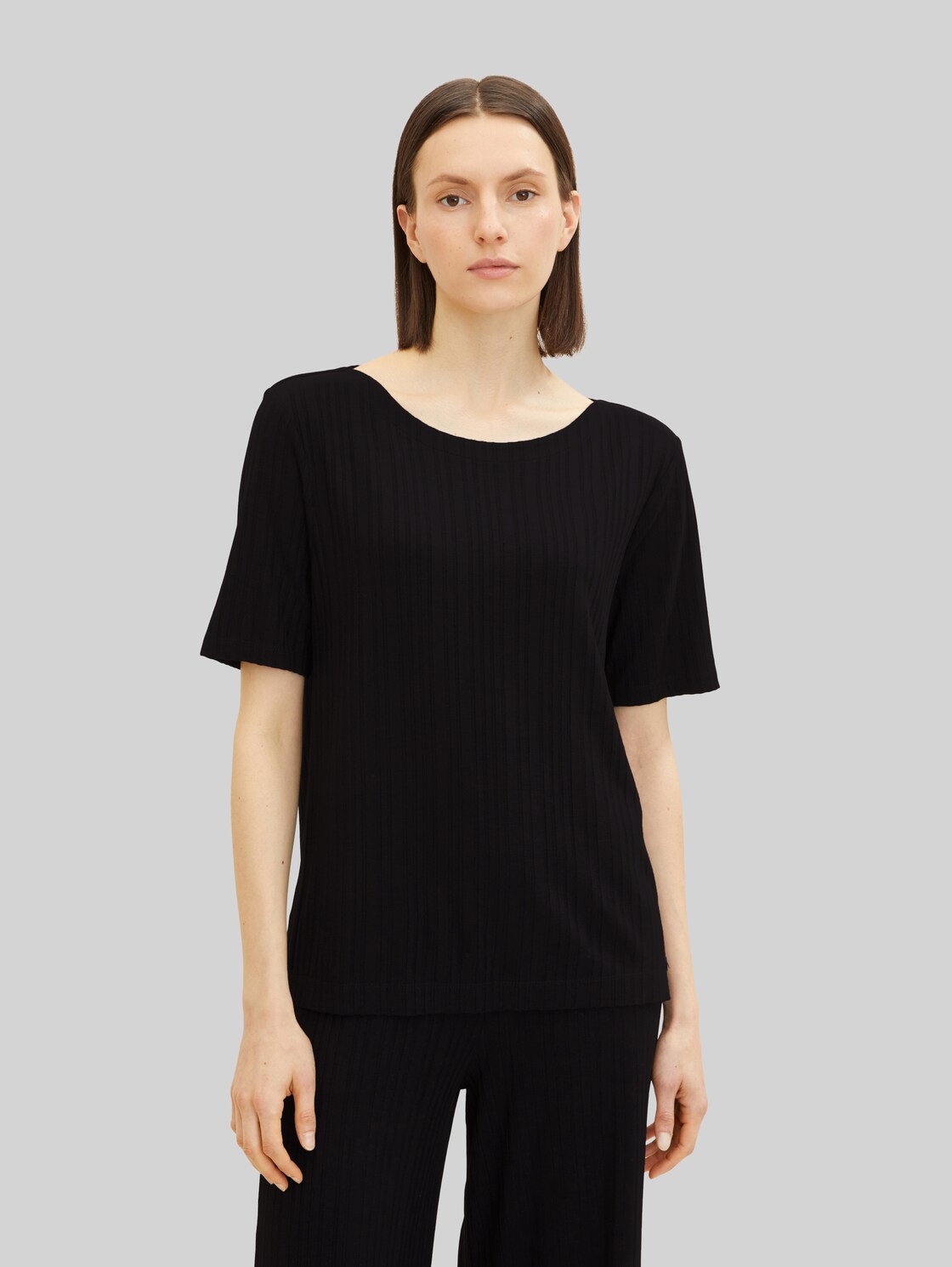 TOM TAILOR Damen T-Shirt aus groben Ripp , schwarz, Gr. XXL,