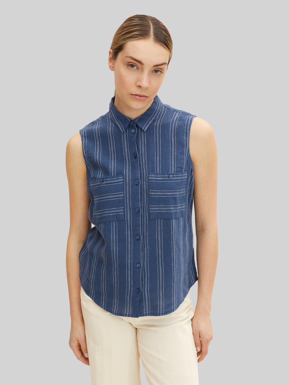 TOM TAILOR Damen Ärmellose Bluse mit Streifenmuster, blau, Streifenmuster, Gr. 38,