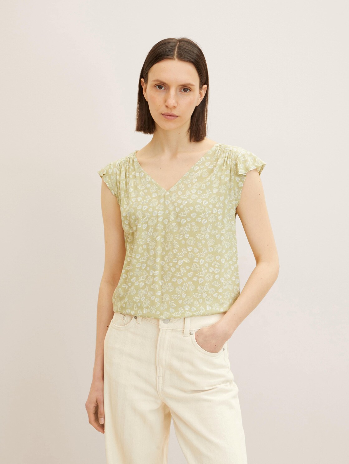 TOM TAILOR Damen Regular Fit Bluse mit mehrfarbigem Muster, grün, Gr. 36,
