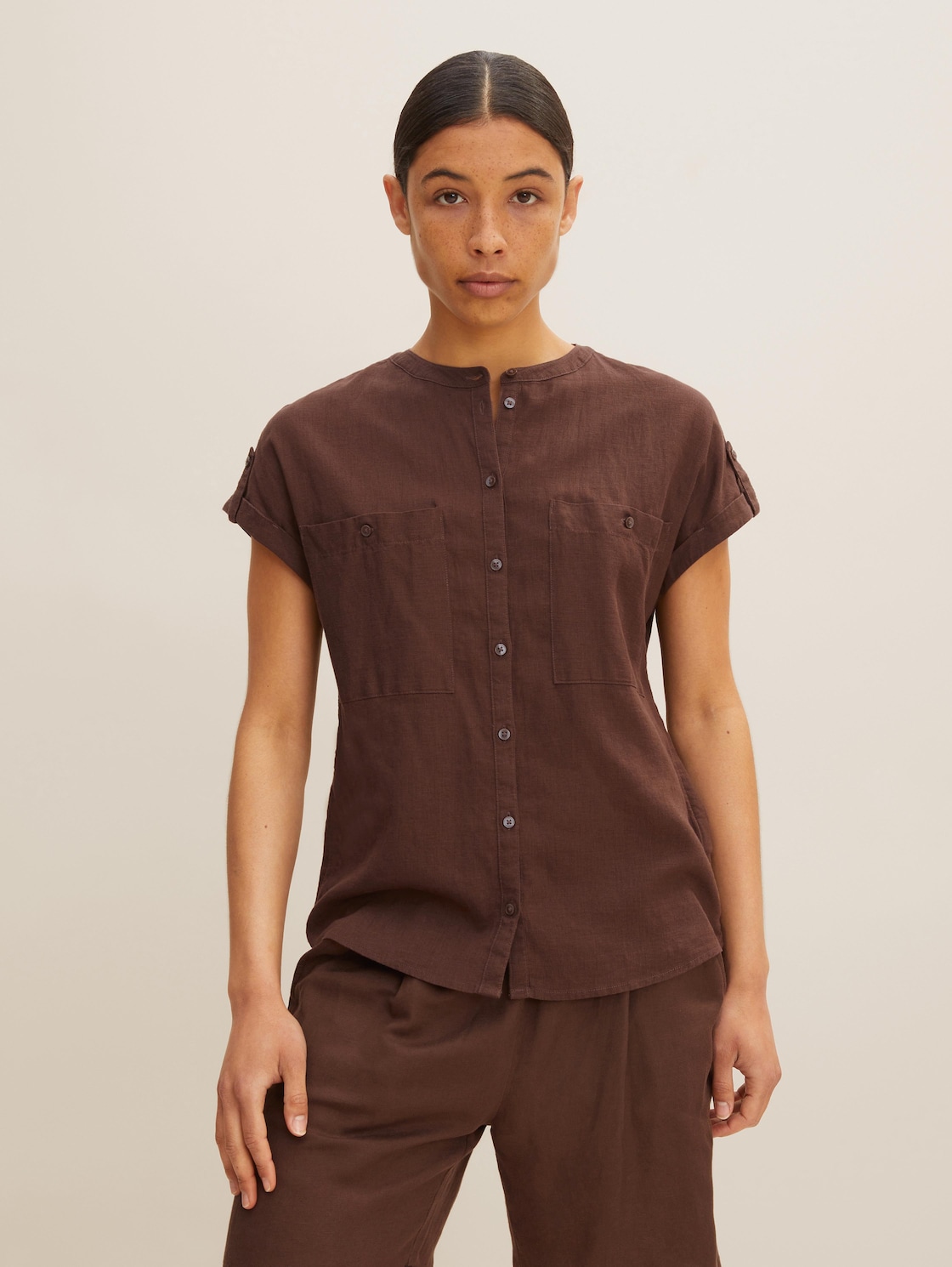 Artikel klicken und genauer betrachten! - TOM TAILOR Damen Bluse mit Leinen , braun, Gr. 36 | im Online Shop kaufen