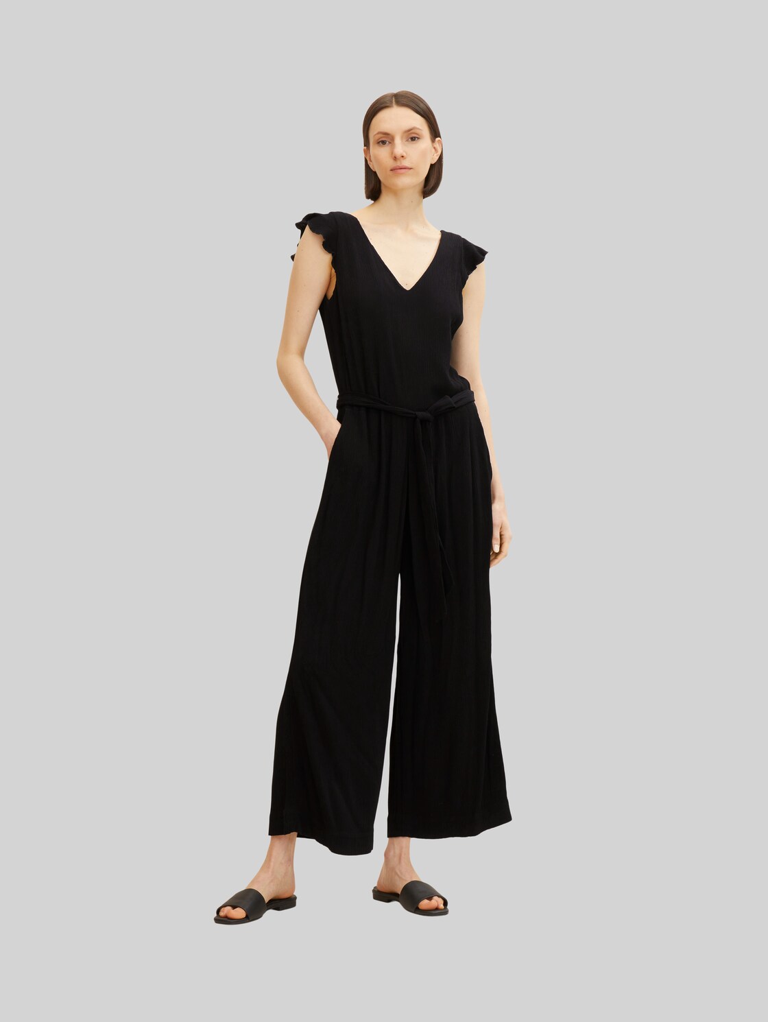 TOM TAILOR Damen Jumpsuit mit Rüschen, schwarz, Gr. 38,