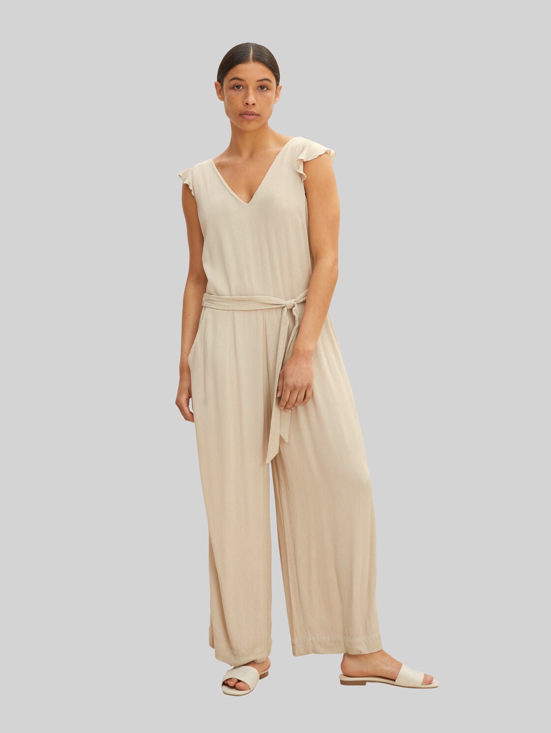 TOM TAILOR Damen Jumpsuit mit Rüschen, beige, Gr. 40,