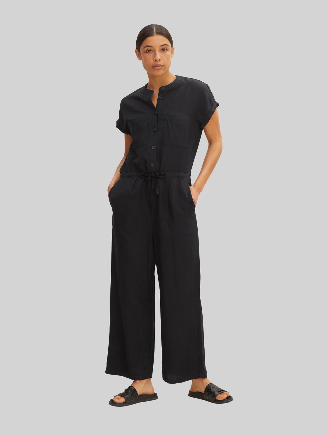 TOM TAILOR Damen Overall aus Leinen, schwarz, Gr. 34,