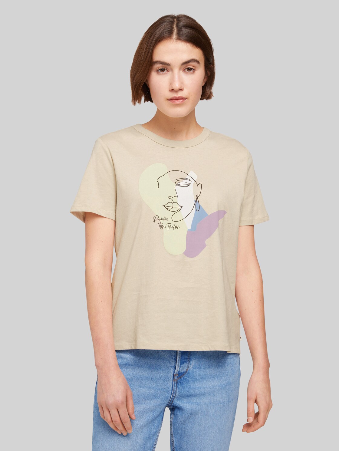 TOM TAILOR DENIM Damen T-Shirt mit Print, beige, Print, Gr. M, baumwolle