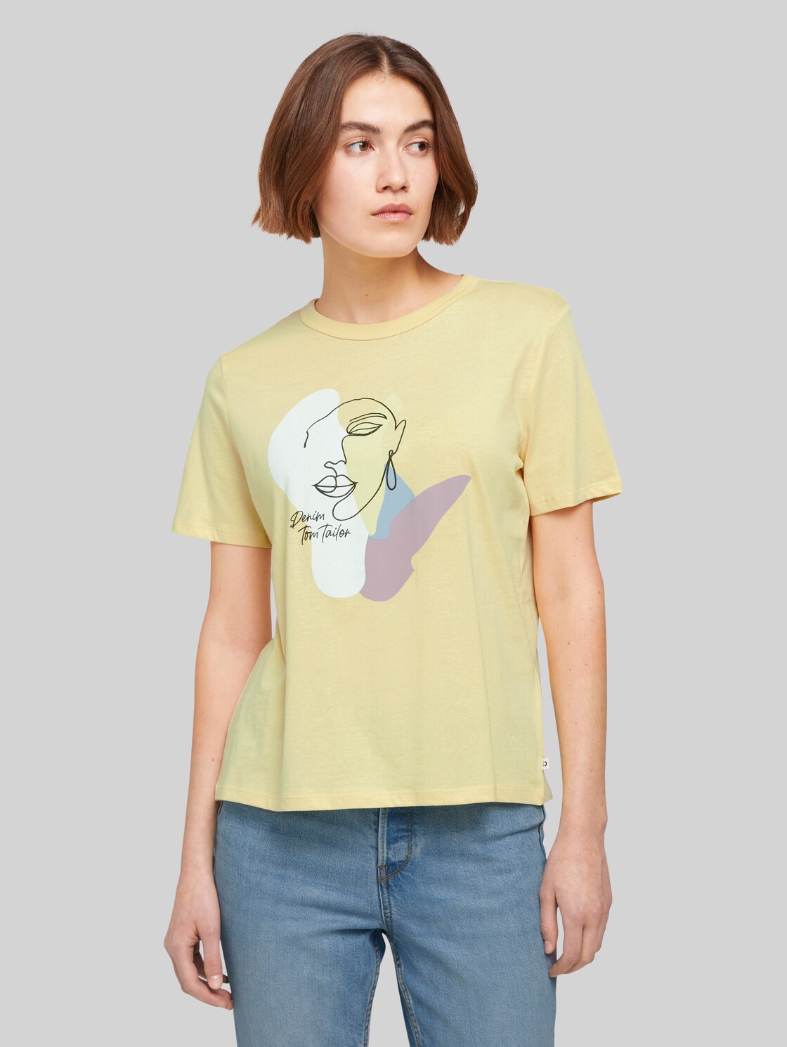 TOM TAILOR DENIM Damen T-Shirt mit Print, gelb, Gr. M, baumwolle