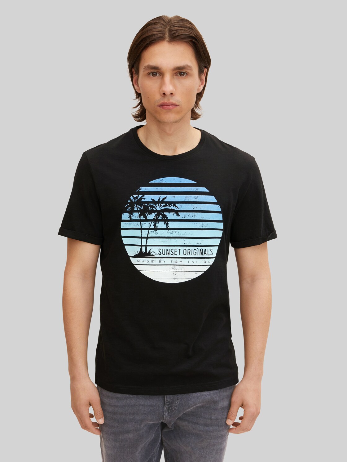 TOM TAILOR Herren T-Shirt mit Palmenprint , schwarz, Gr. XXL,