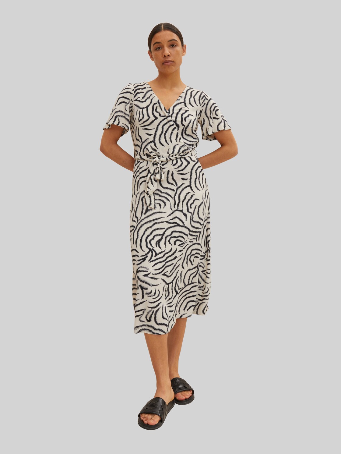 TOM TAILOR Damen Gemustertes Wickelkleid  , beige, Gr. 36,