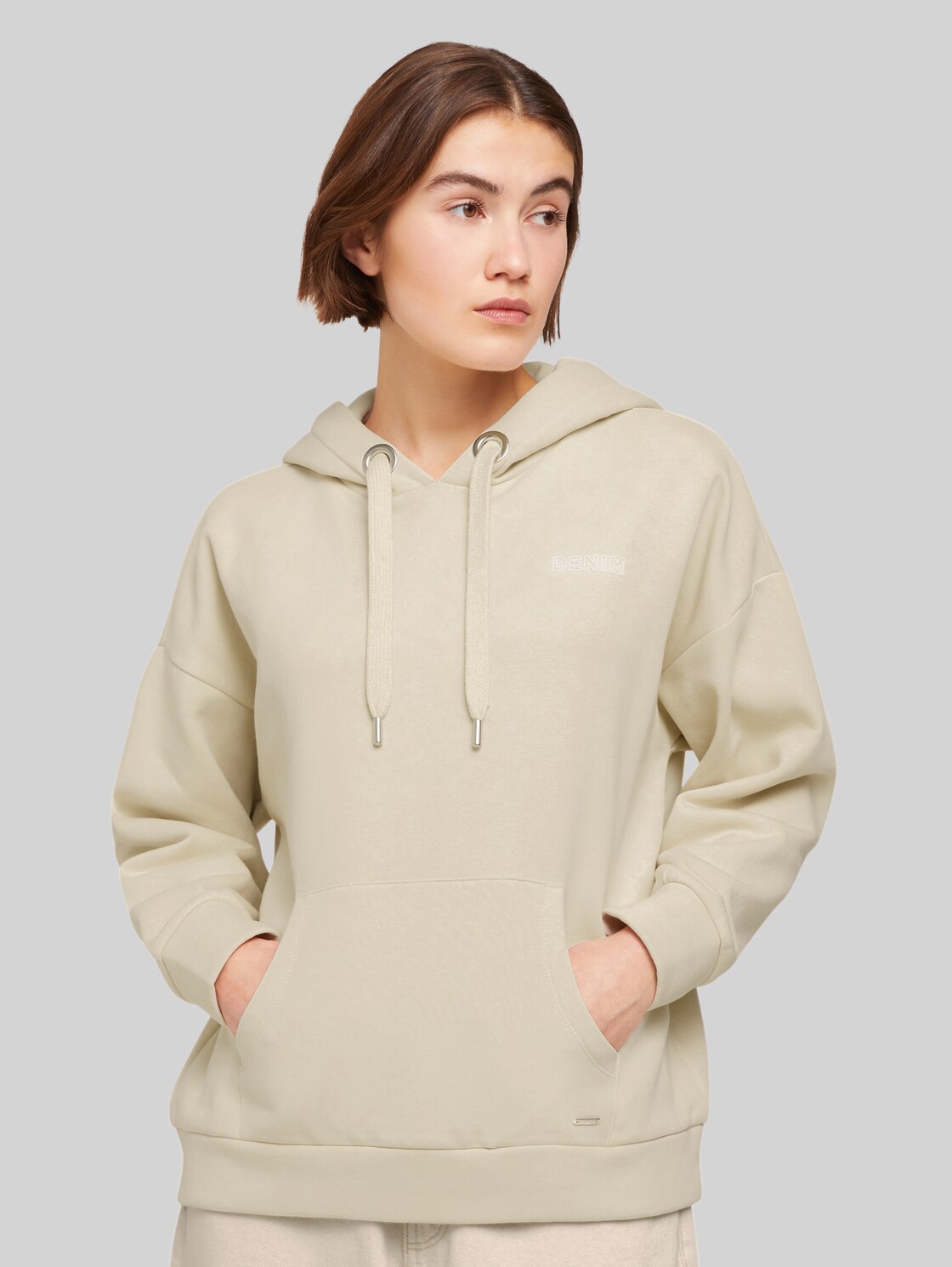 TOM TAILOR DENIM Damen Hoodie mit Print und Kapuze, beige, Gr. XL, baumwolle