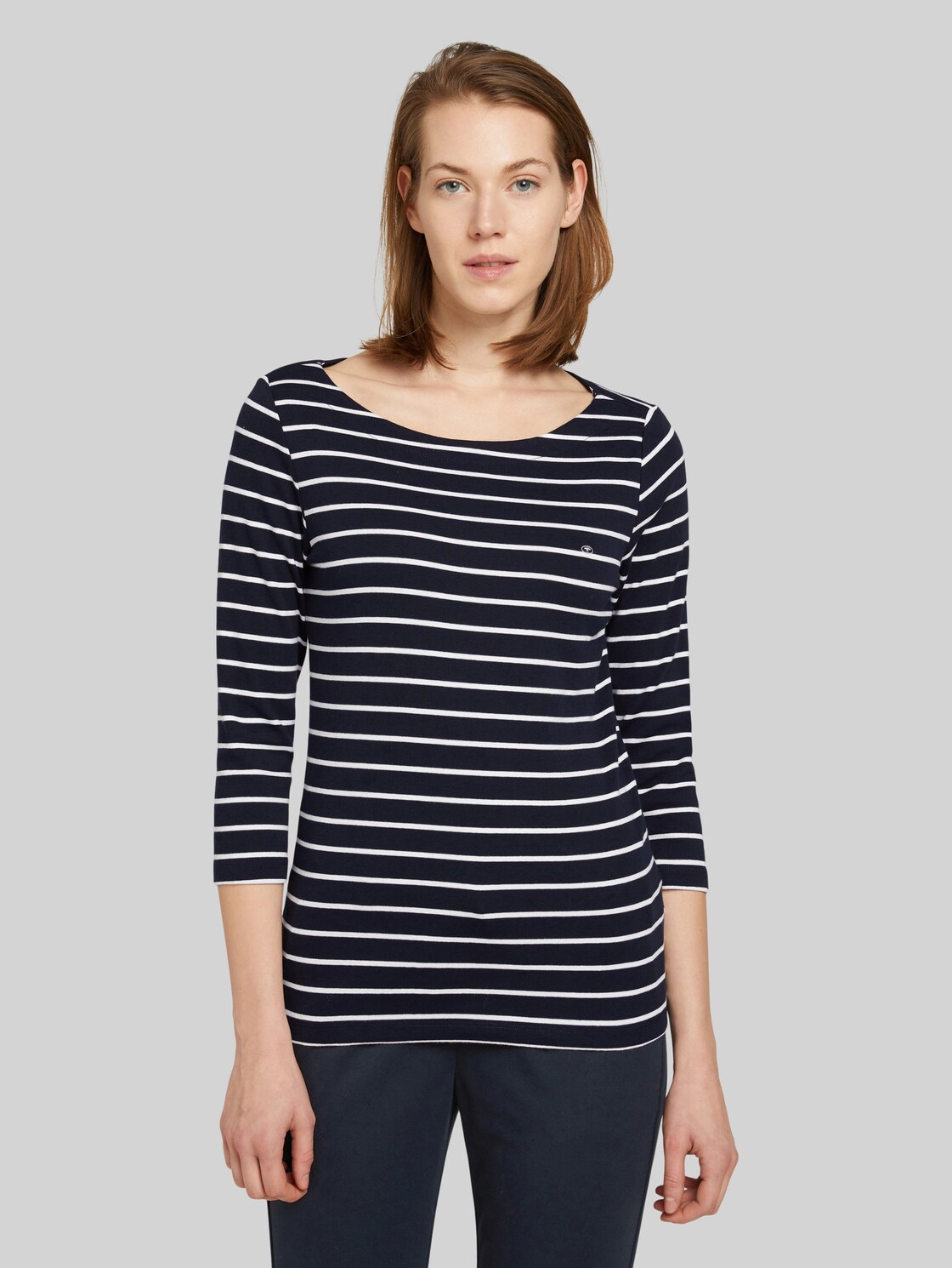 TOM TAILOR Damen Gestreiftes Shirt mit Logo Print, blau, Streifenmuster, Gr. XXL, baumwolle
