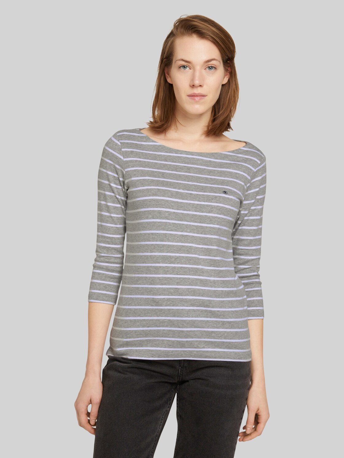 TOM TAILOR Damen Gestreiftes Shirt mit Logo Print, grau, Streifenmuster, Gr. XXL, baumwolle