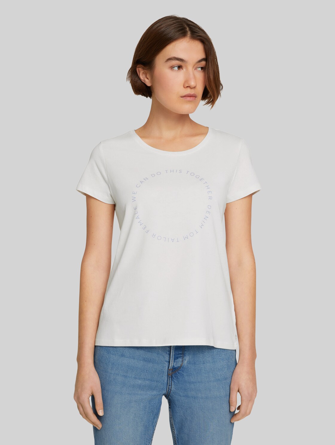 TOM TAILOR DENIM Damen Basic T-Shirt mit Logoprint, weiß, Gr. XL, baumwolle
