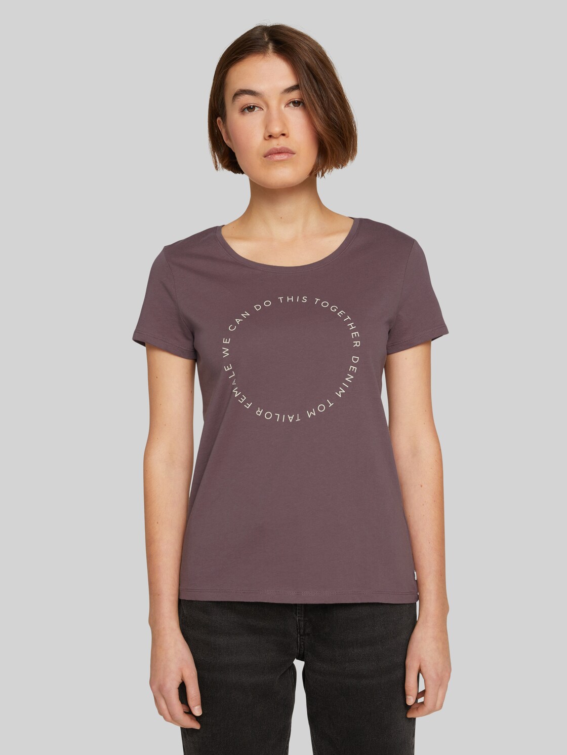 TOM TAILOR DENIM Damen Basic T-Shirt mit Logoprint, lila, Gr. M, baumwolle