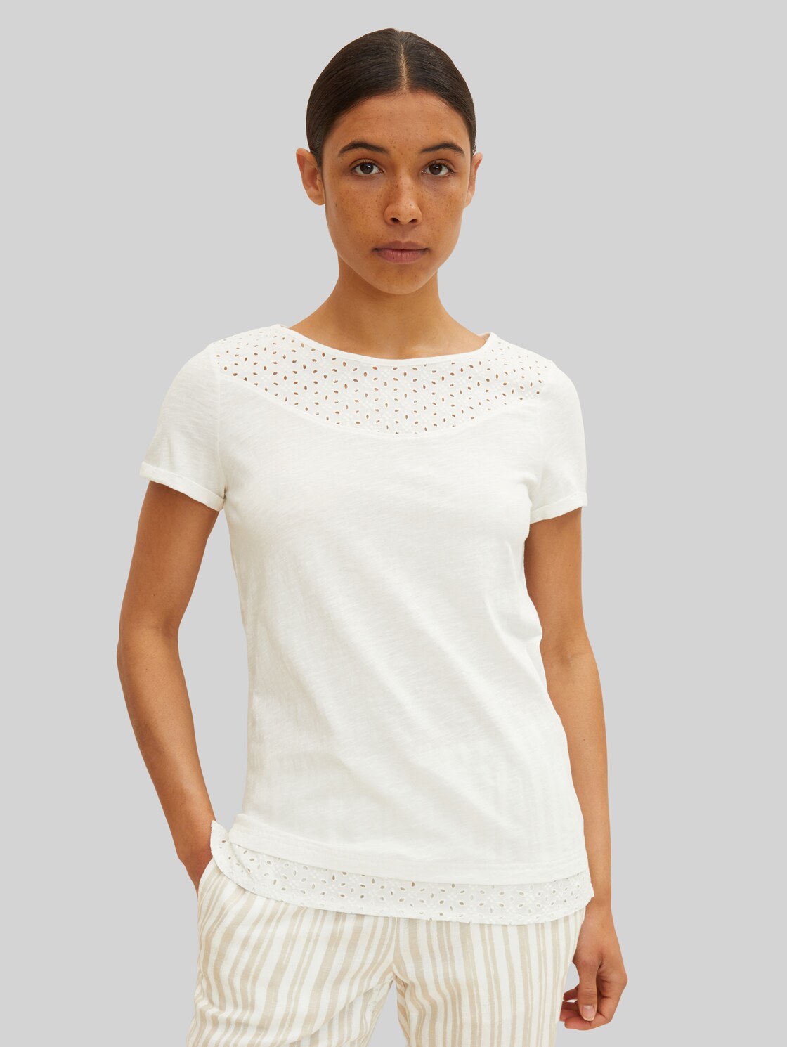 TOM TAILOR Damen T-Shirt mit Strickdetail , weiß, Gr. S,