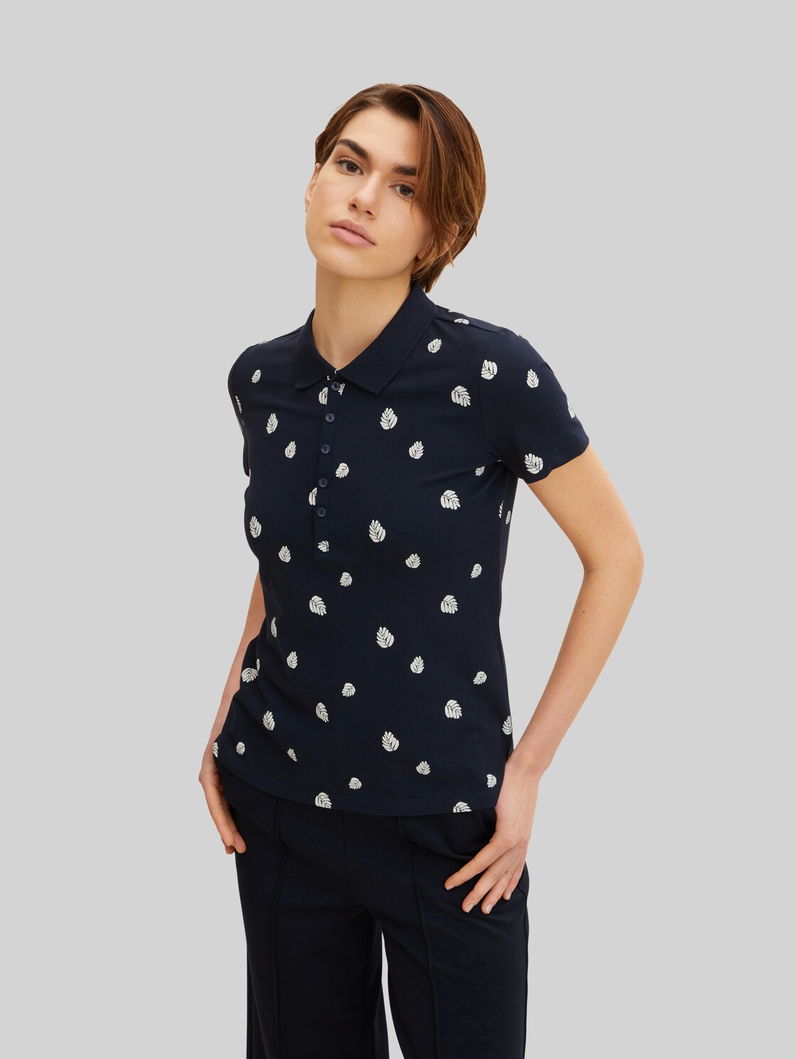 TOM TAILOR Damen Poloshirt mit Print, blau, Print, Gr. XS,