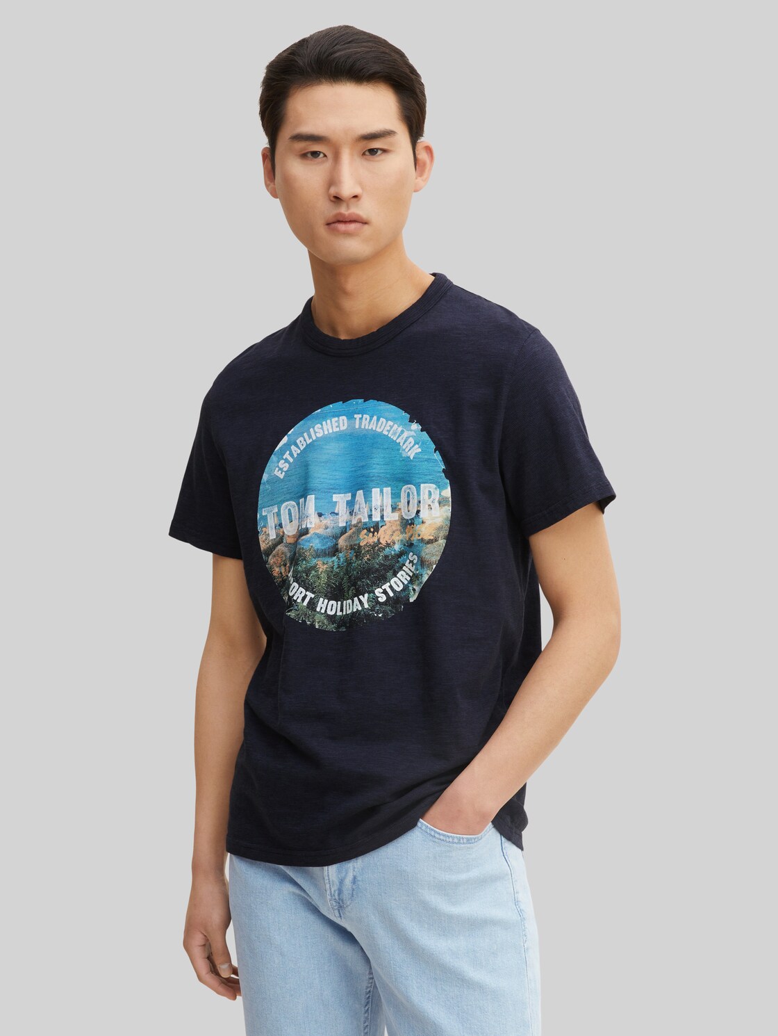 TOM TAILOR Herren T-Shirt mit Print, blau, Print, Gr. L,