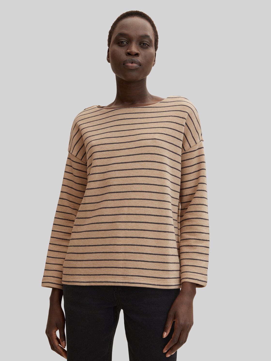 TOM TAILOR Damen Gestreiftes Sweatshirt, beige, Gr. XL,