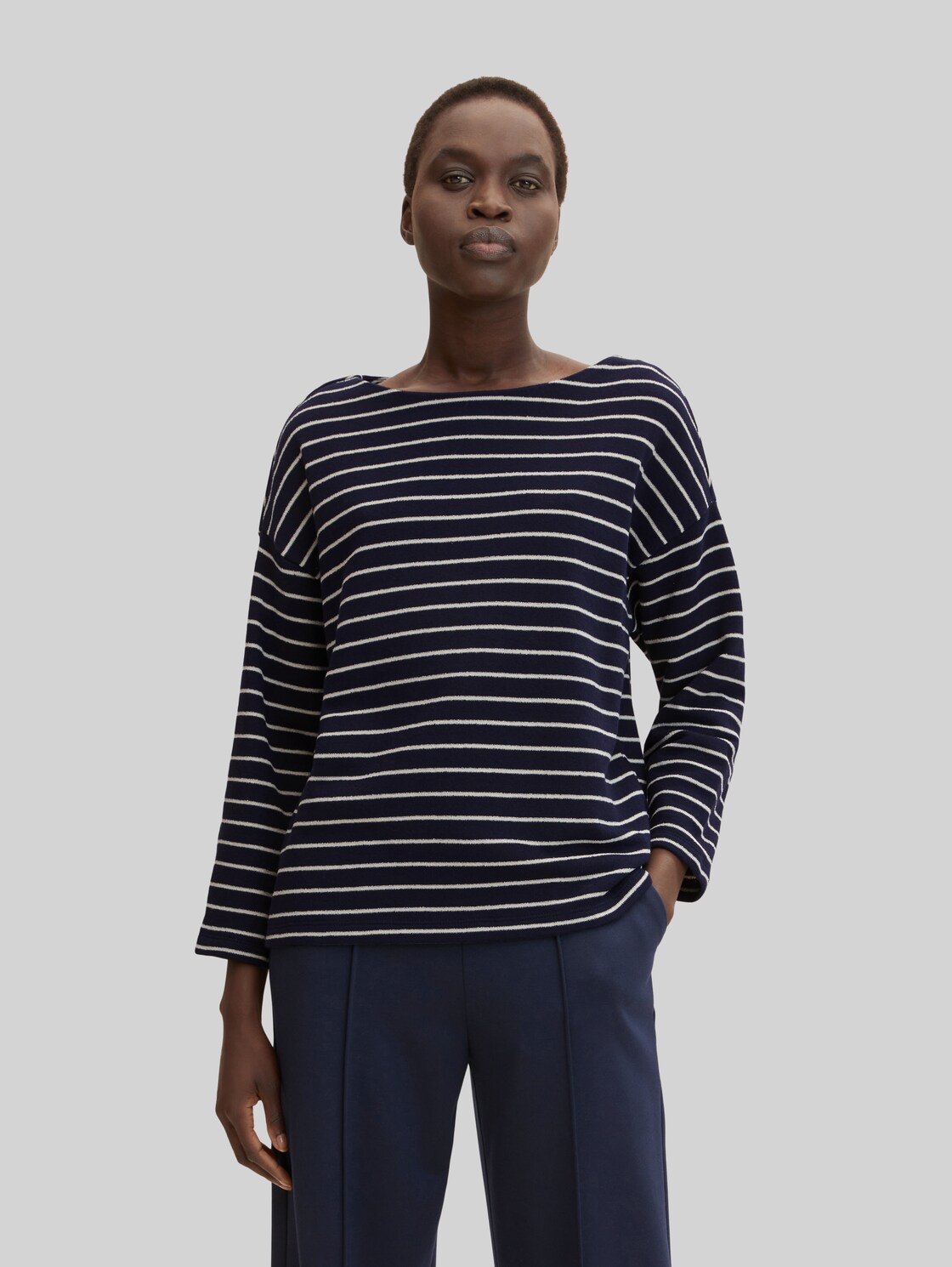 TOM TAILOR Damen Gestreiftes Sweatshirt, blau, Gr. XL,