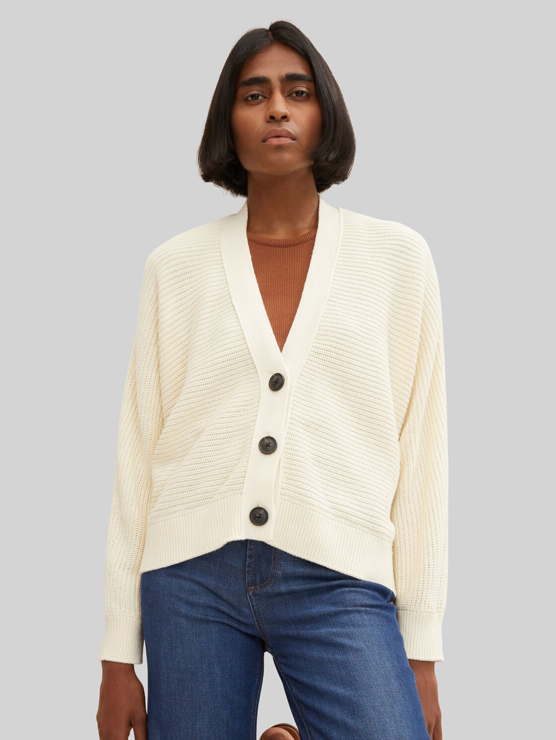 TOM TAILOR Damen Cardigan aus grobem Ripp, weiß, Gr. XL,