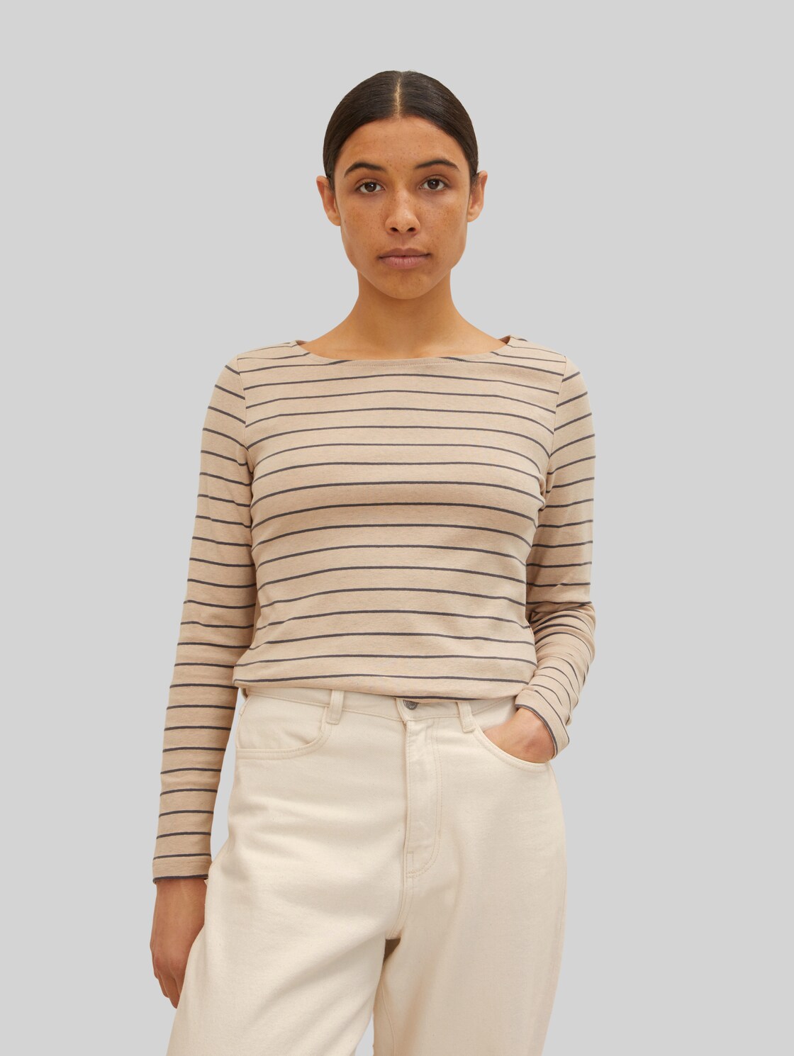TOM TAILOR Damen Langarmshirt mit Streifen , beige, Gr. XXL,