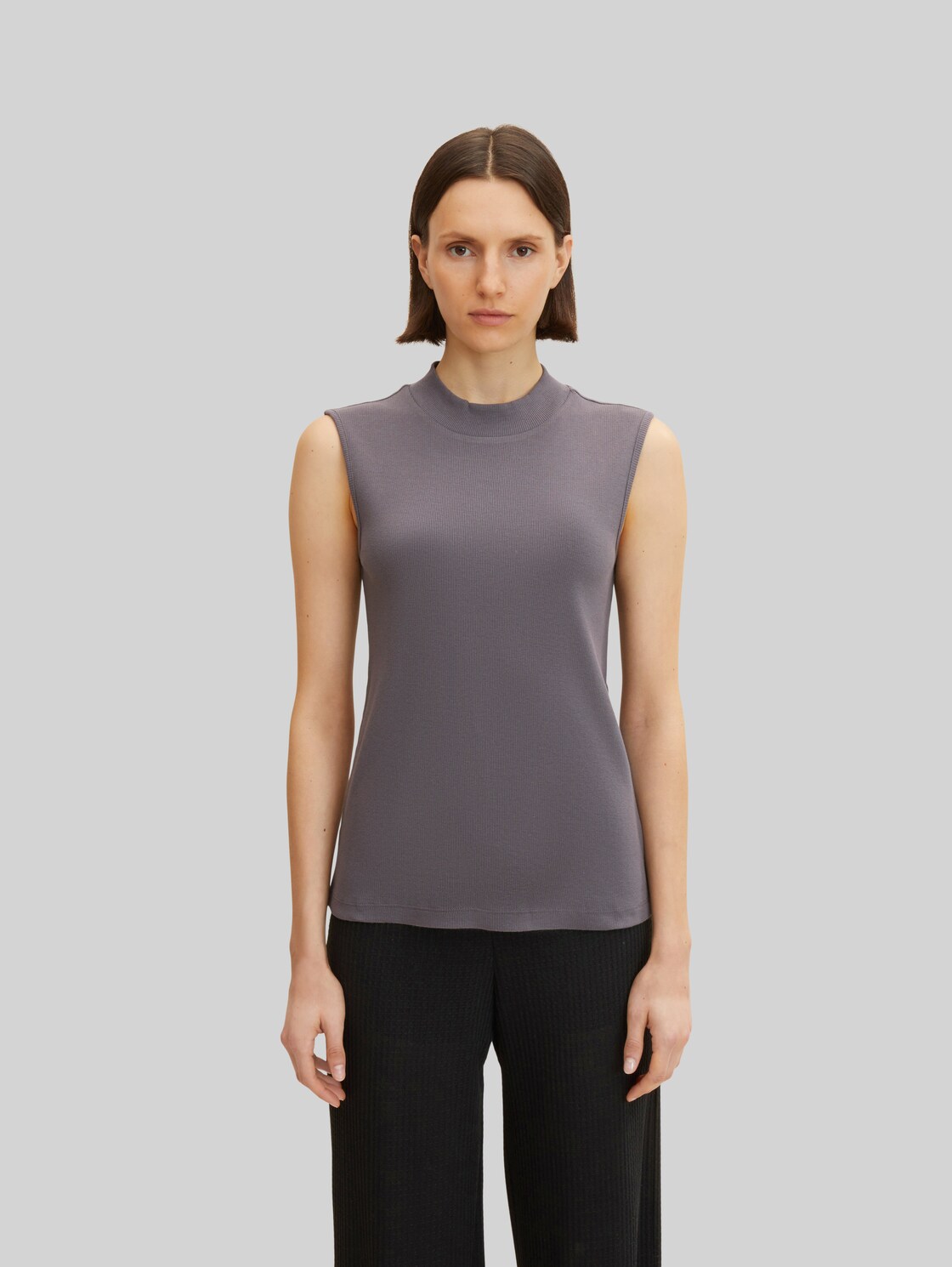 TOM TAILOR Damen Ärmelloses T-Shirt mit Stehkragen, grau, Gr. XL,