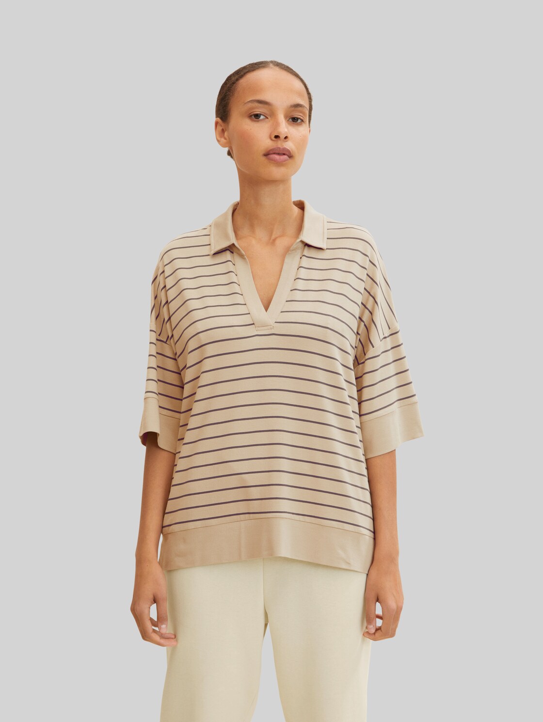 TOM TAILOR Damen Gestreiftes Poloshirt, beige, Gr. XL,