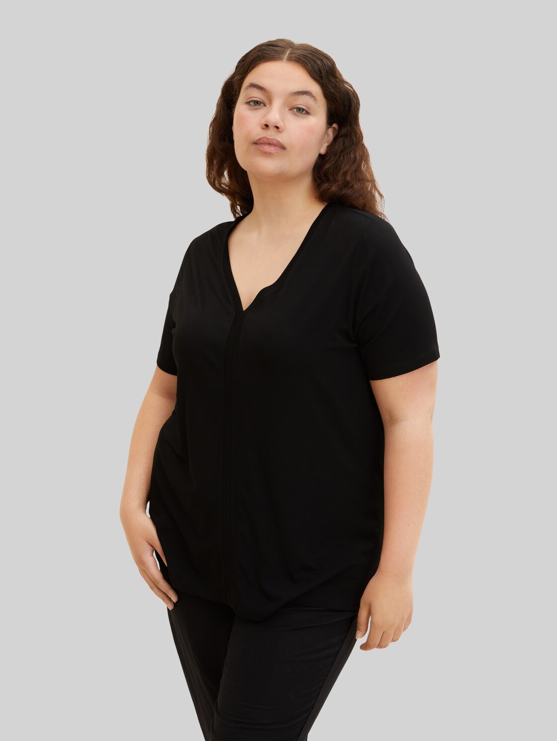 TOM TAILOR Damen Plus - T-Shirt mit Stickereien, schwarz, Gr. 54,