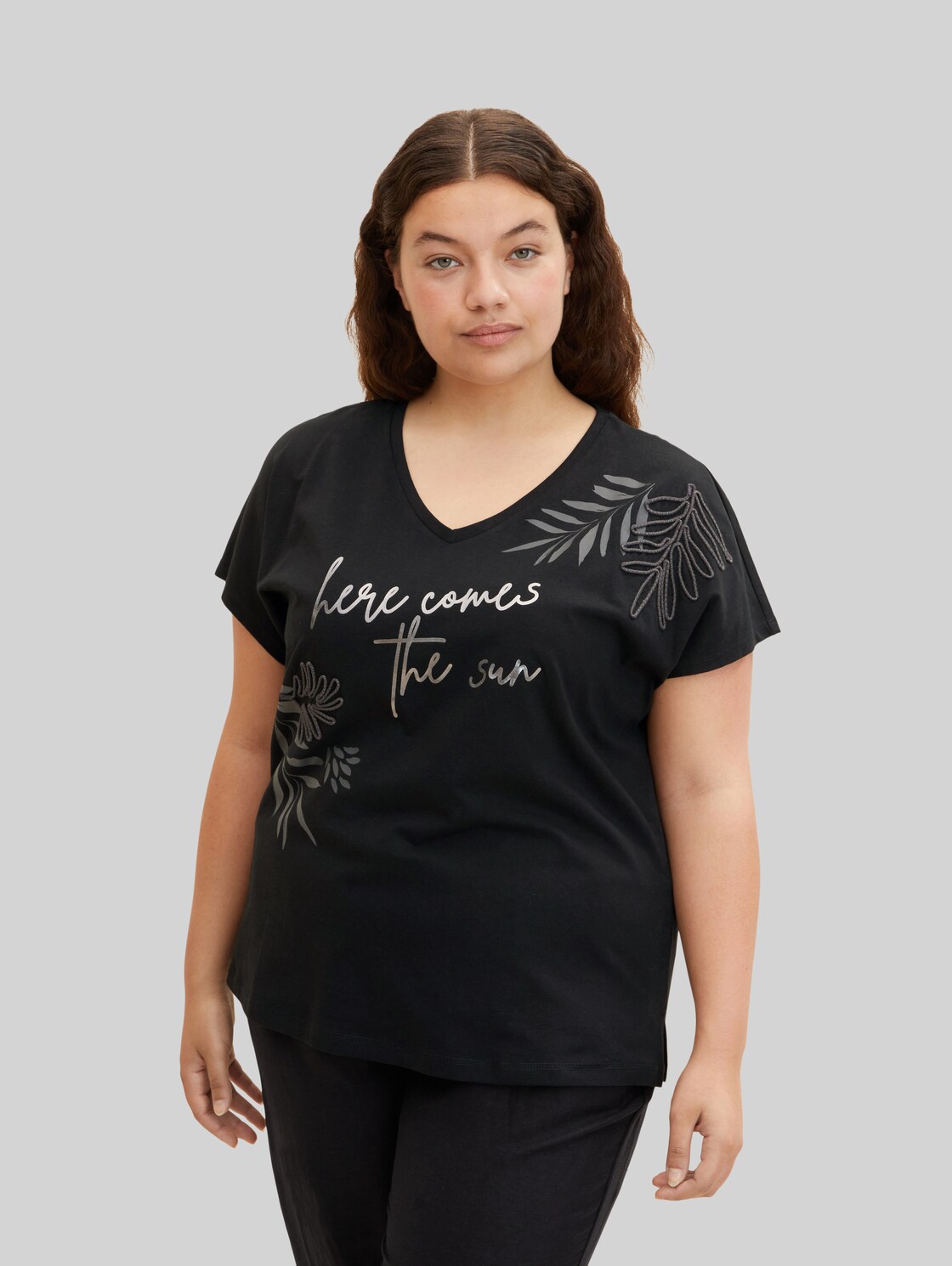 TOM TAILOR Damen T-Shirt mit Print , schwarz, Gr. 54,