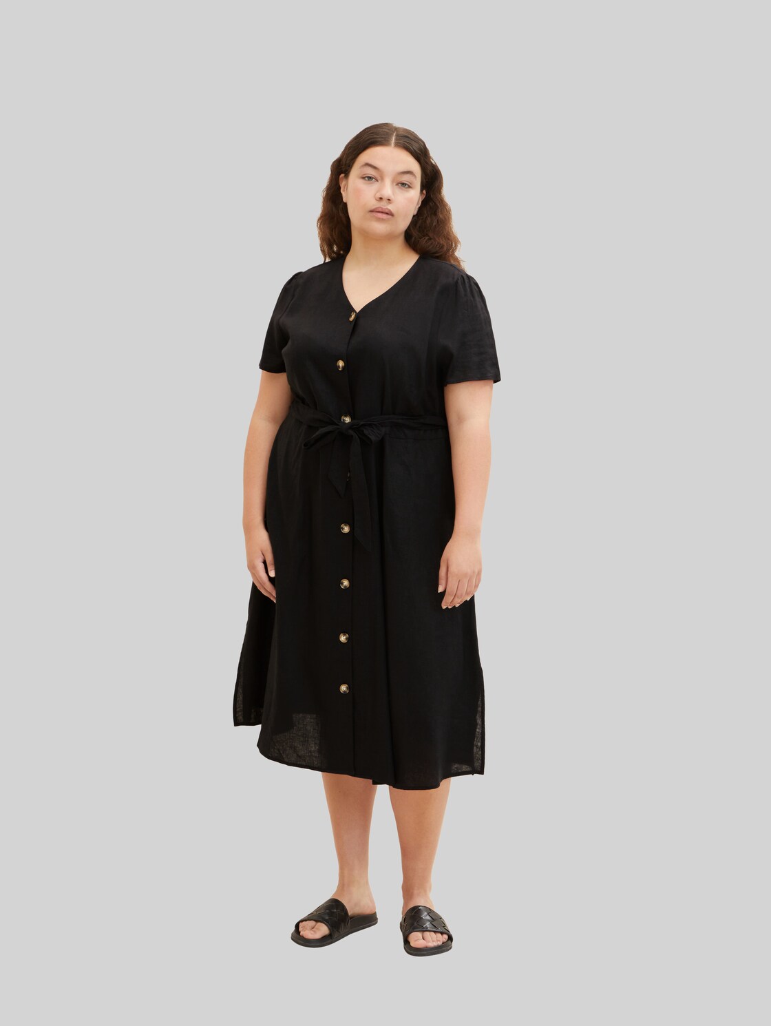 TOM TAILOR Damen Plus - Midikleid mit Leinen , schwarz, Gr. 54,