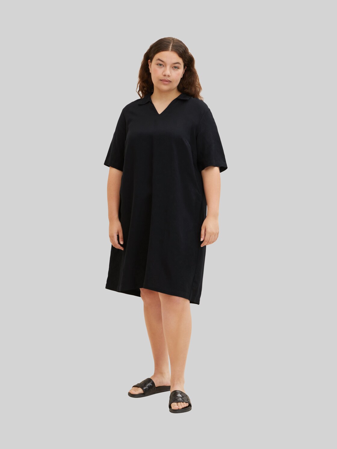 TOM TAILOR Damen Plus - Polokleid mit Leinen , schwarz, Gr. 50,