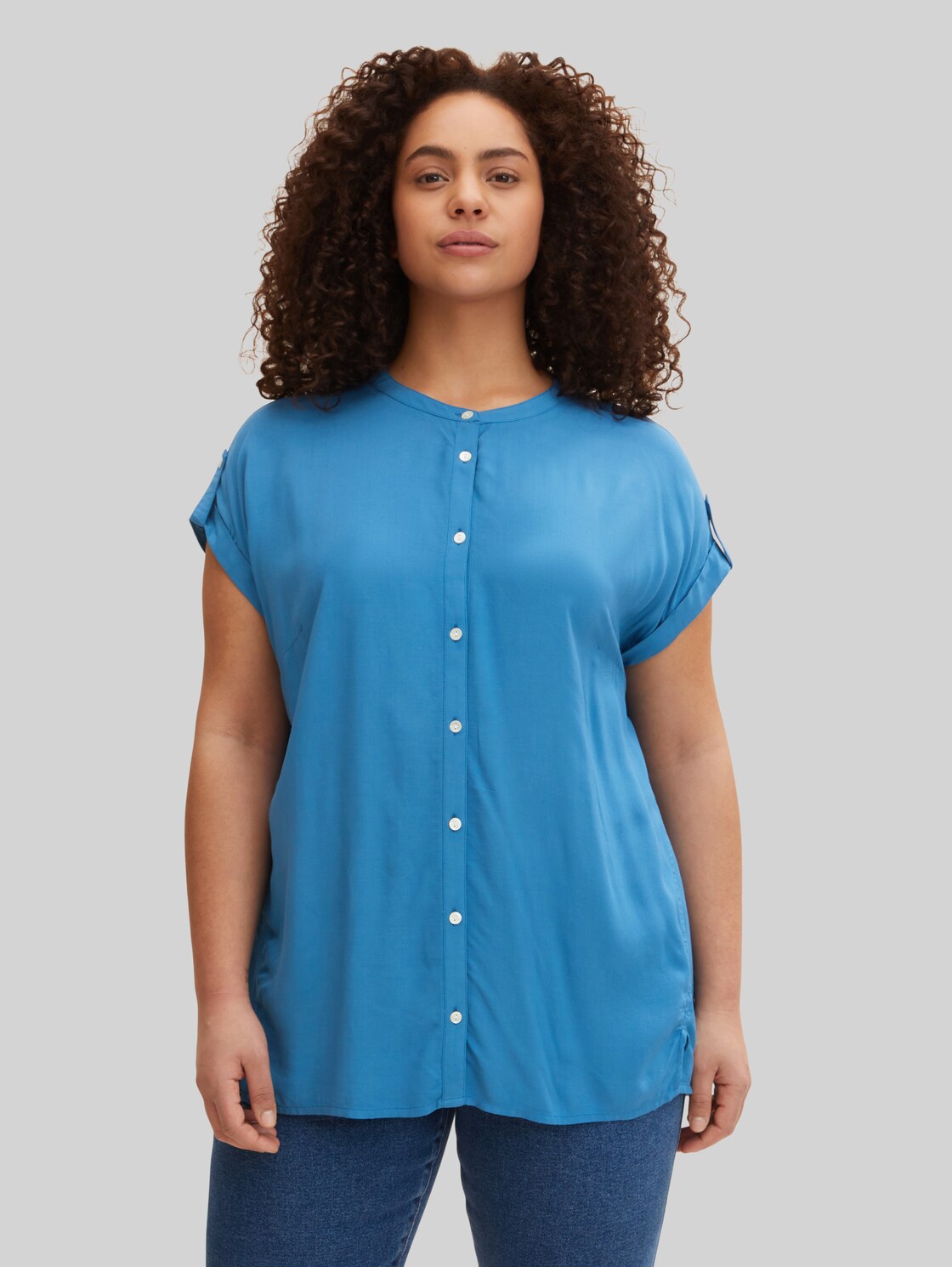 TOM TAILOR Damen Plus - Loose Fit Bluse mit fixiertem Ärmelaufschlag, blau, Gr. 50,