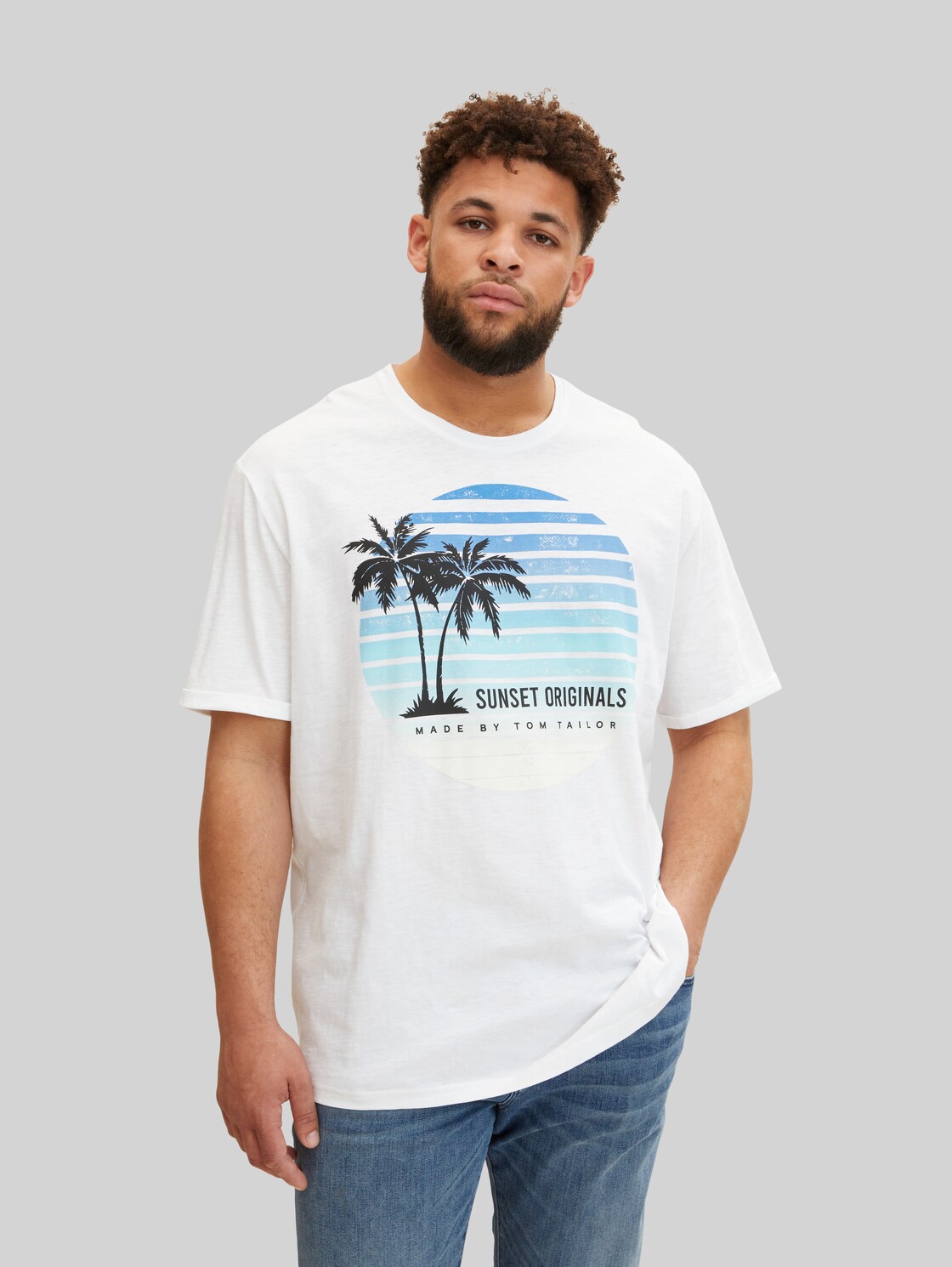 TOM TAILOR Herren Plus - T-Shirt mit Palmenprint , weiß, Gr. 2XL,