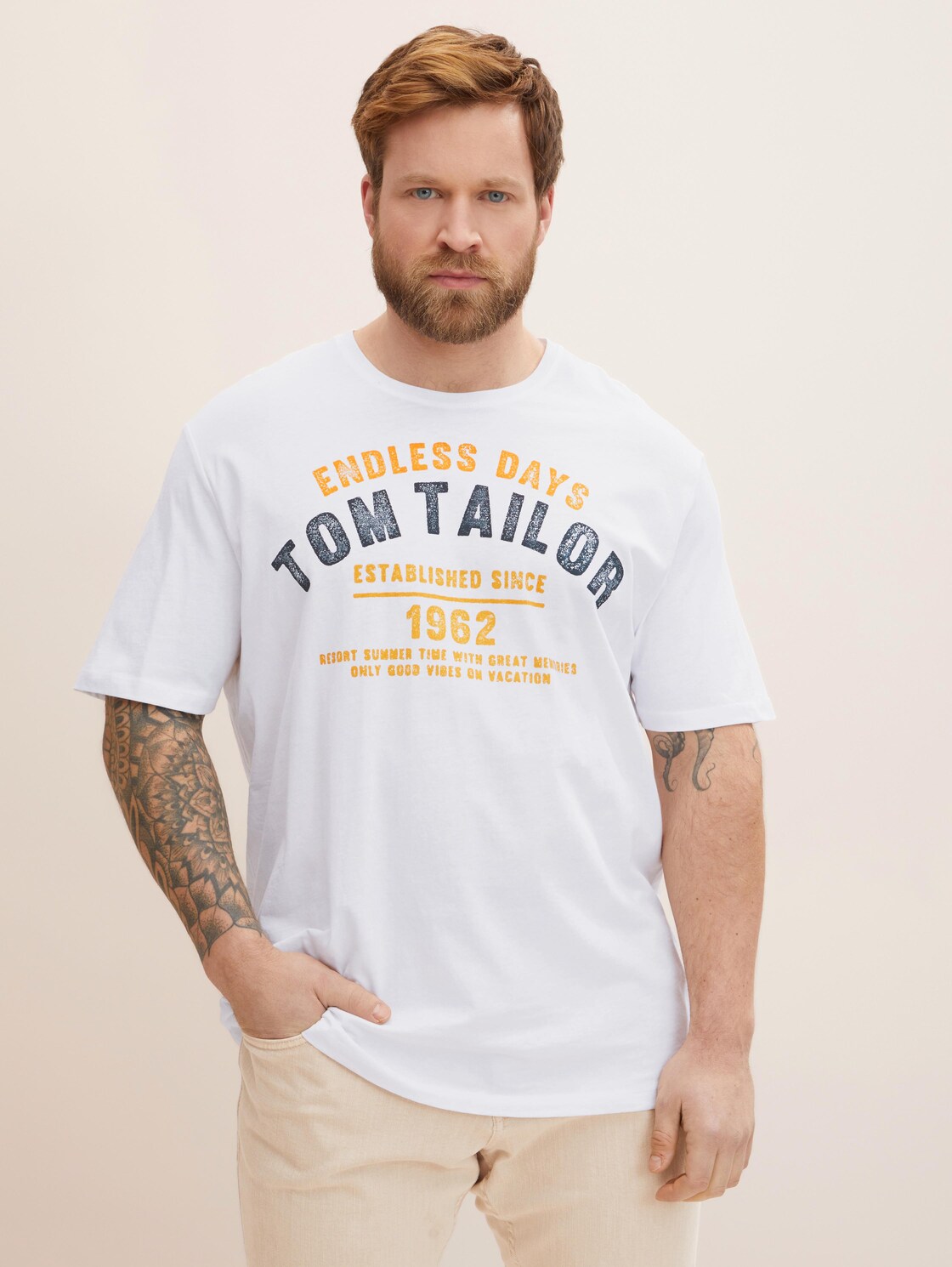 TOM TAILOR Herren T-Shirt mit Logo Print, weiß, Gr. 5XL,