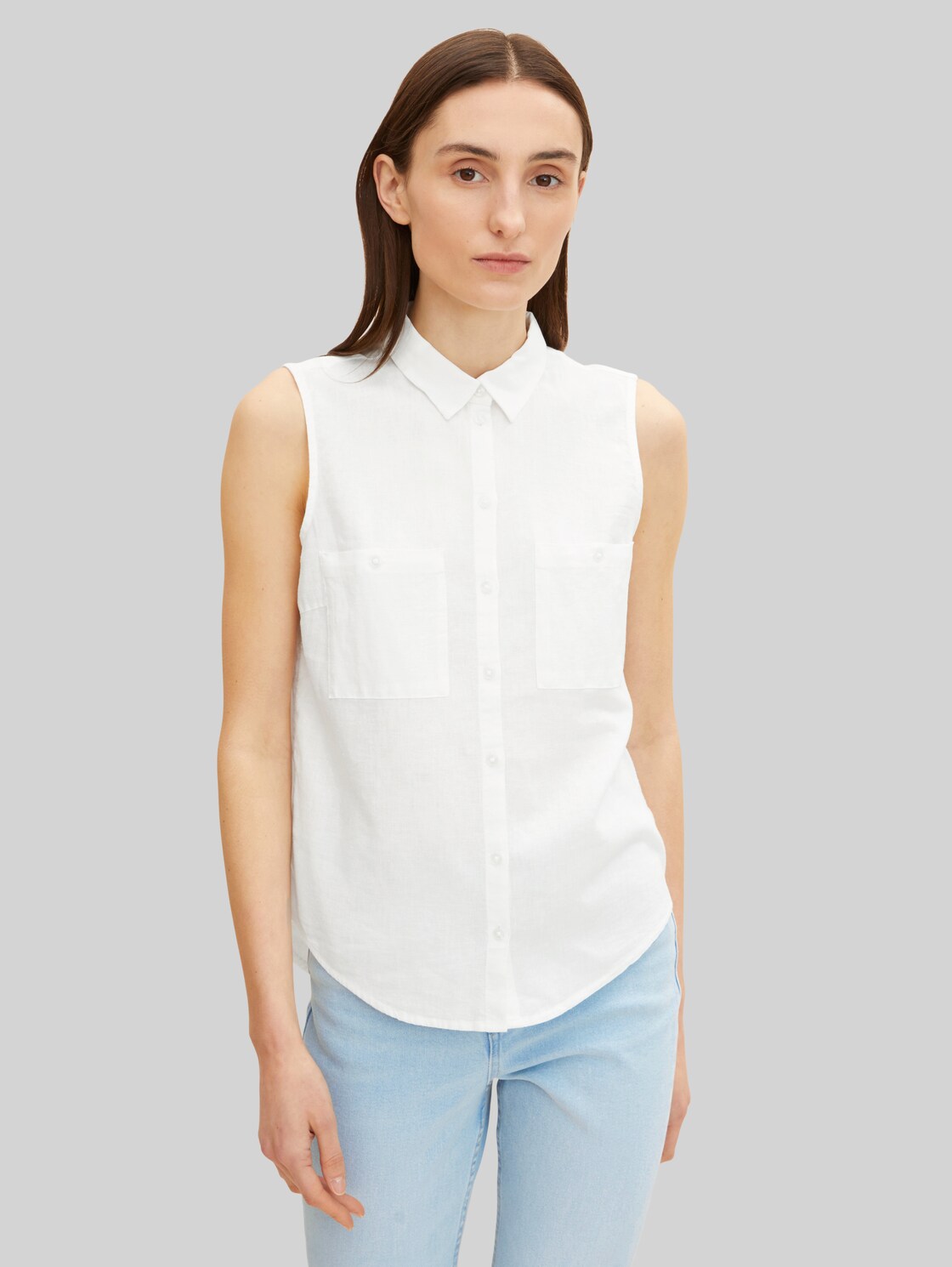 TOM TAILOR Damen Ärmellose Bluse mit Leinen , weiß, Streifenmuster, Gr. 46,