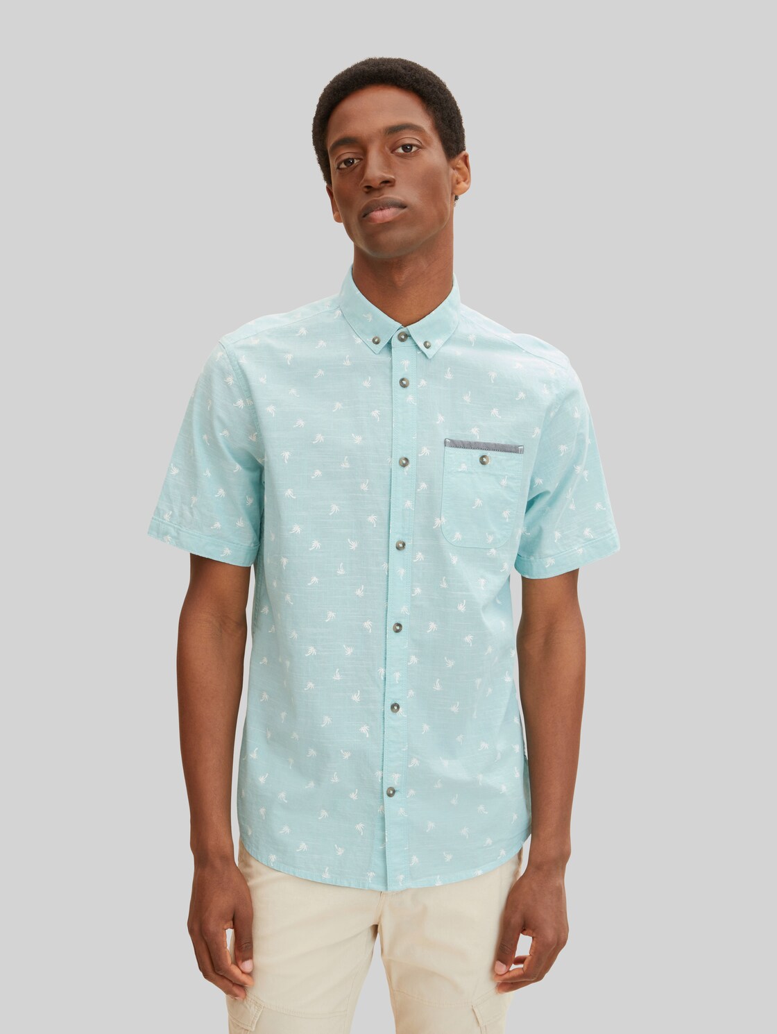 TOM TAILOR Herren Kurzarmhemd mit Palmenprint , blau, Gr. L,
