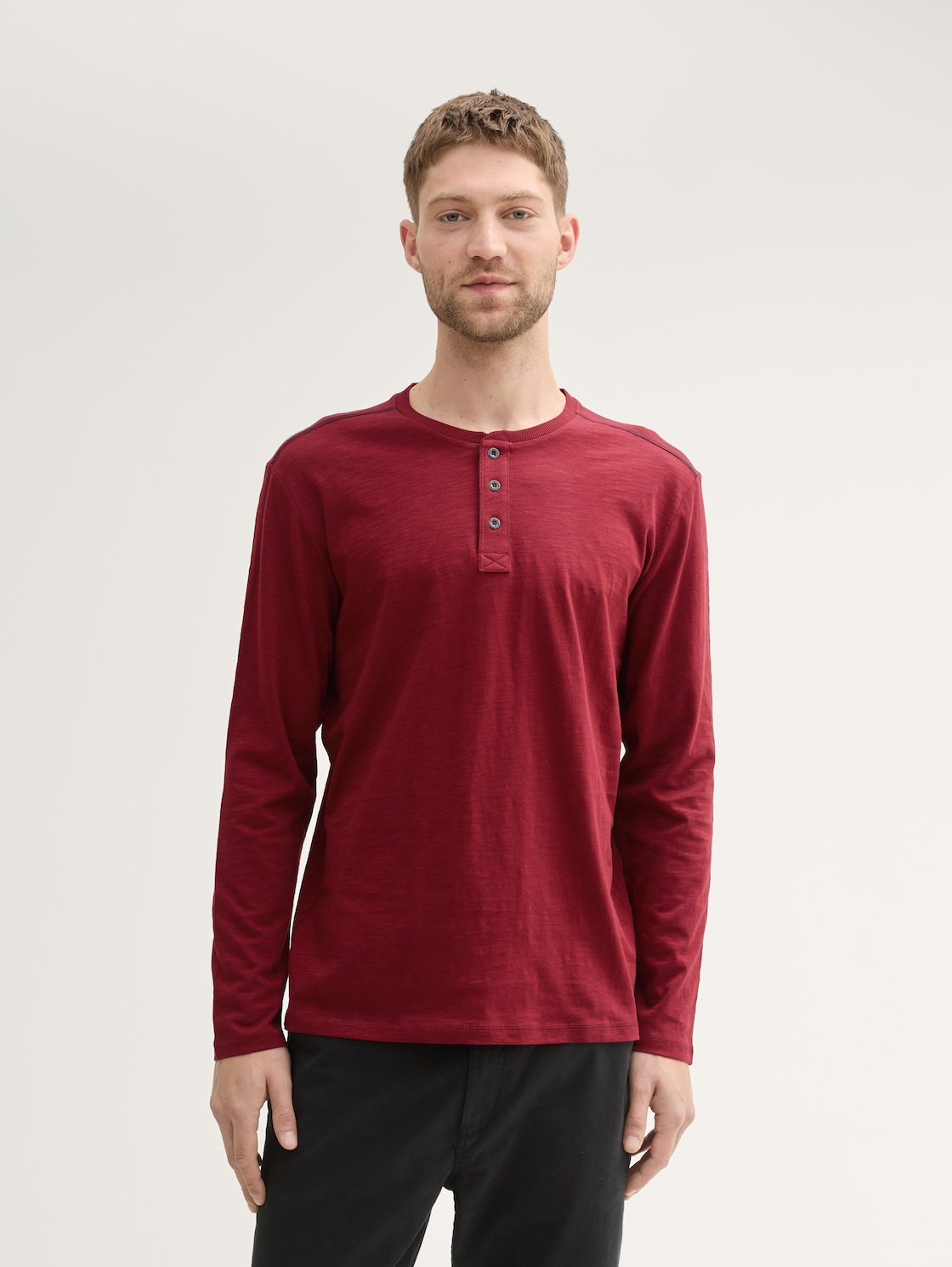 Thumbnail - TOM TAILOR Herren Henley Langarmshirt aus Baumwolle, rot, Uni, Gr. XL