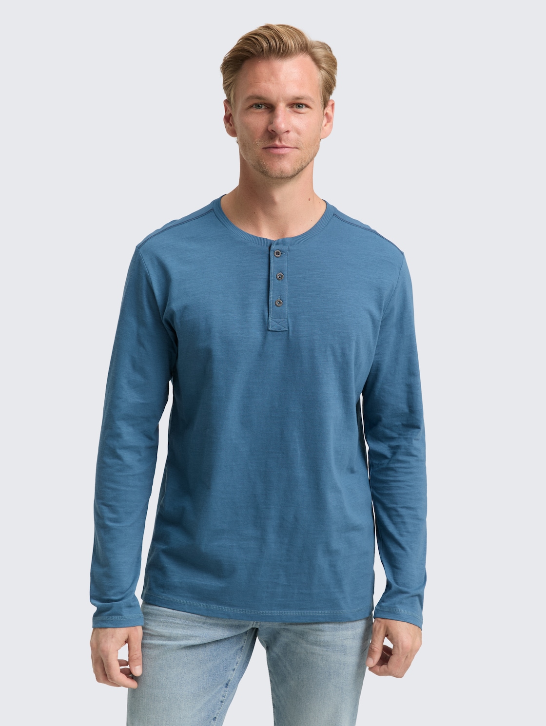 Thumbnail - TOM TAILOR Herren Henley Langarmshirt aus Baumwolle, blau, Uni, Gr. XXXL