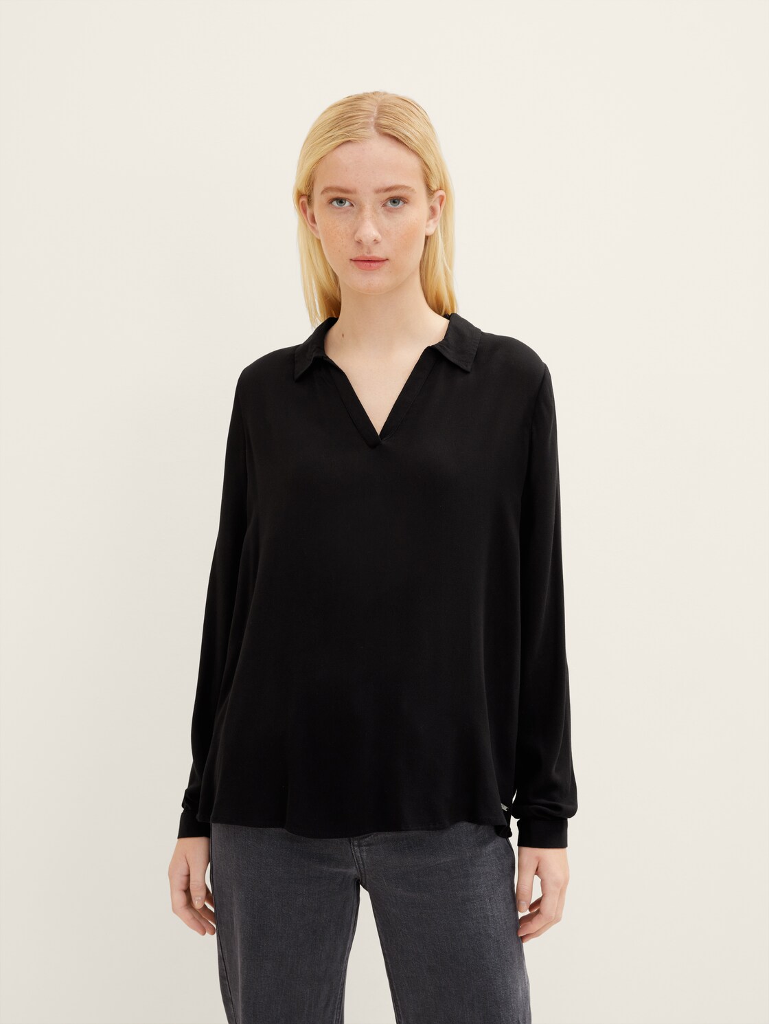 Artikel klicken und genauer betrachten! - TOM TAILOR DENIM Damen Bluse mit Kragen, schwarz, Gr. XL | im Online Shop kaufen