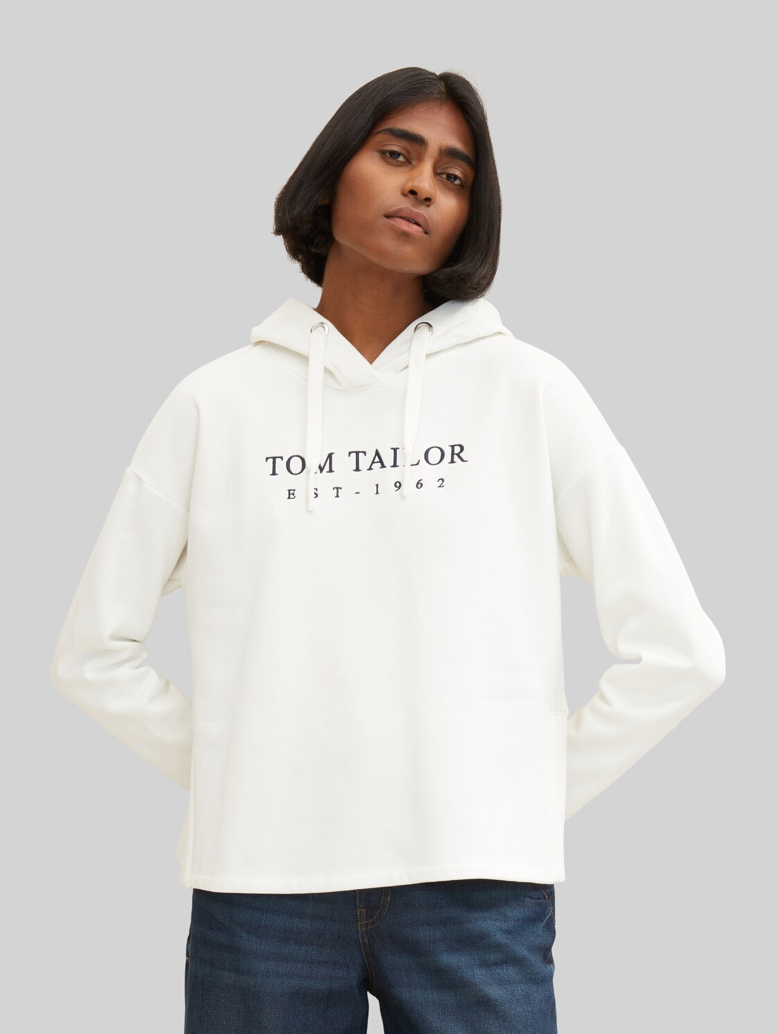 TOM TAILOR Damen Hoodie mit Logo Stickerei, weiß, Gr. XL,