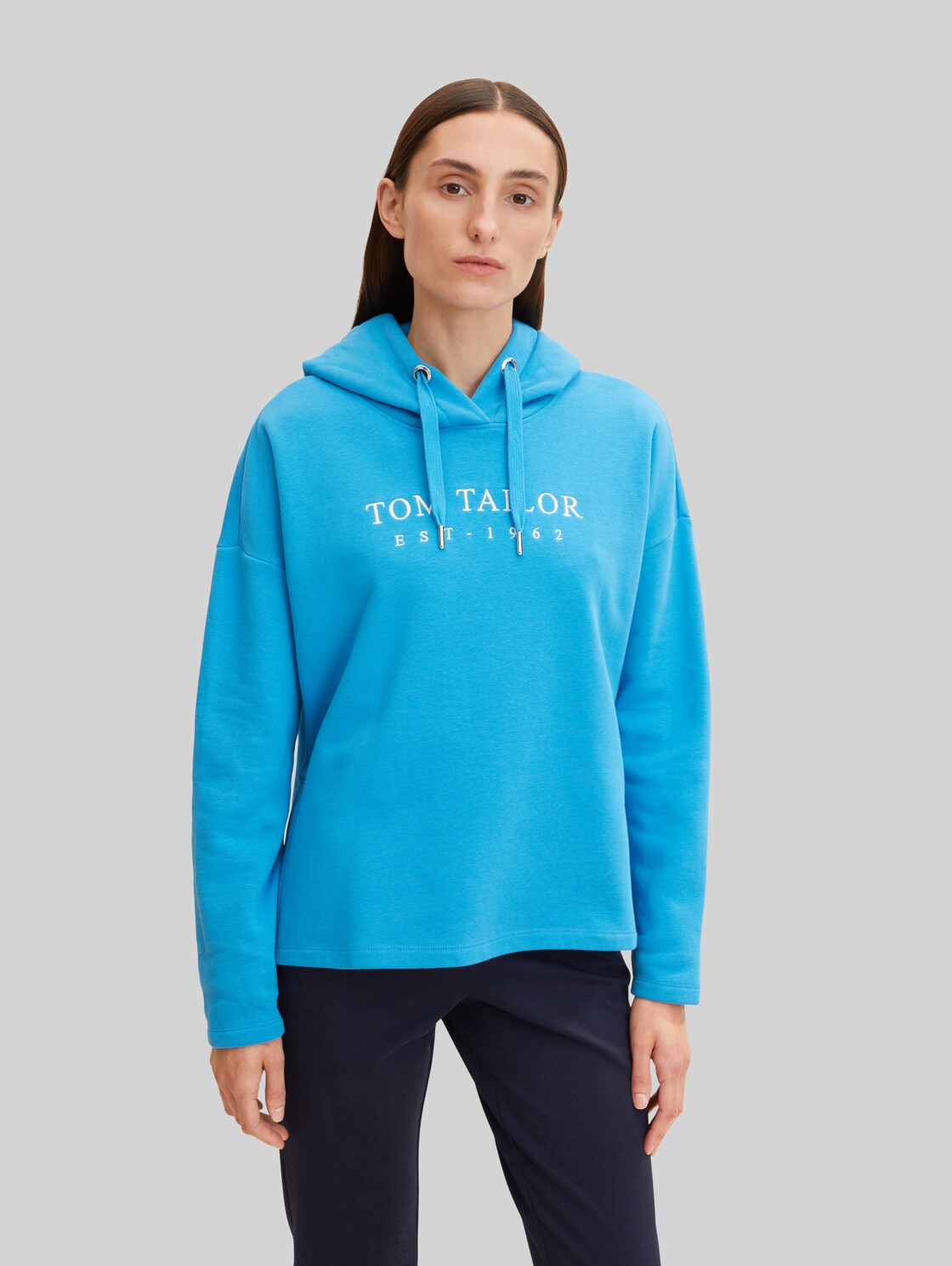 TOM TAILOR Damen Hoodie mit Logo Stickerei, blau, Gr. L,