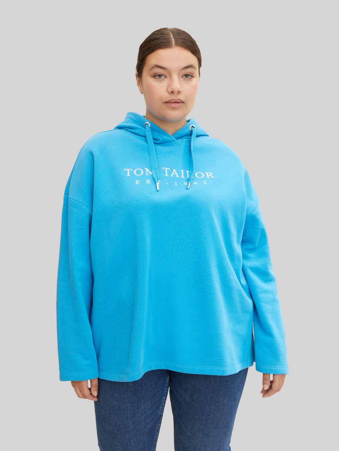 TOM TAILOR Damen Plus - Hoodie mit Logo Stickerei, blau, Gr. 46,