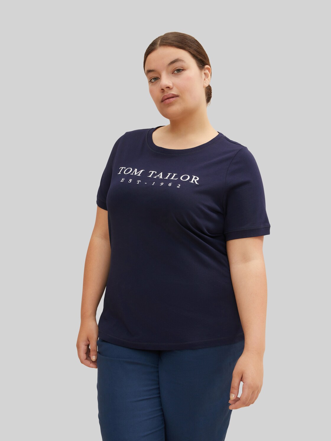TOM TAILOR Damen Plus - T-Shirt mit Logo Stickerei, blau, Gr. 46,